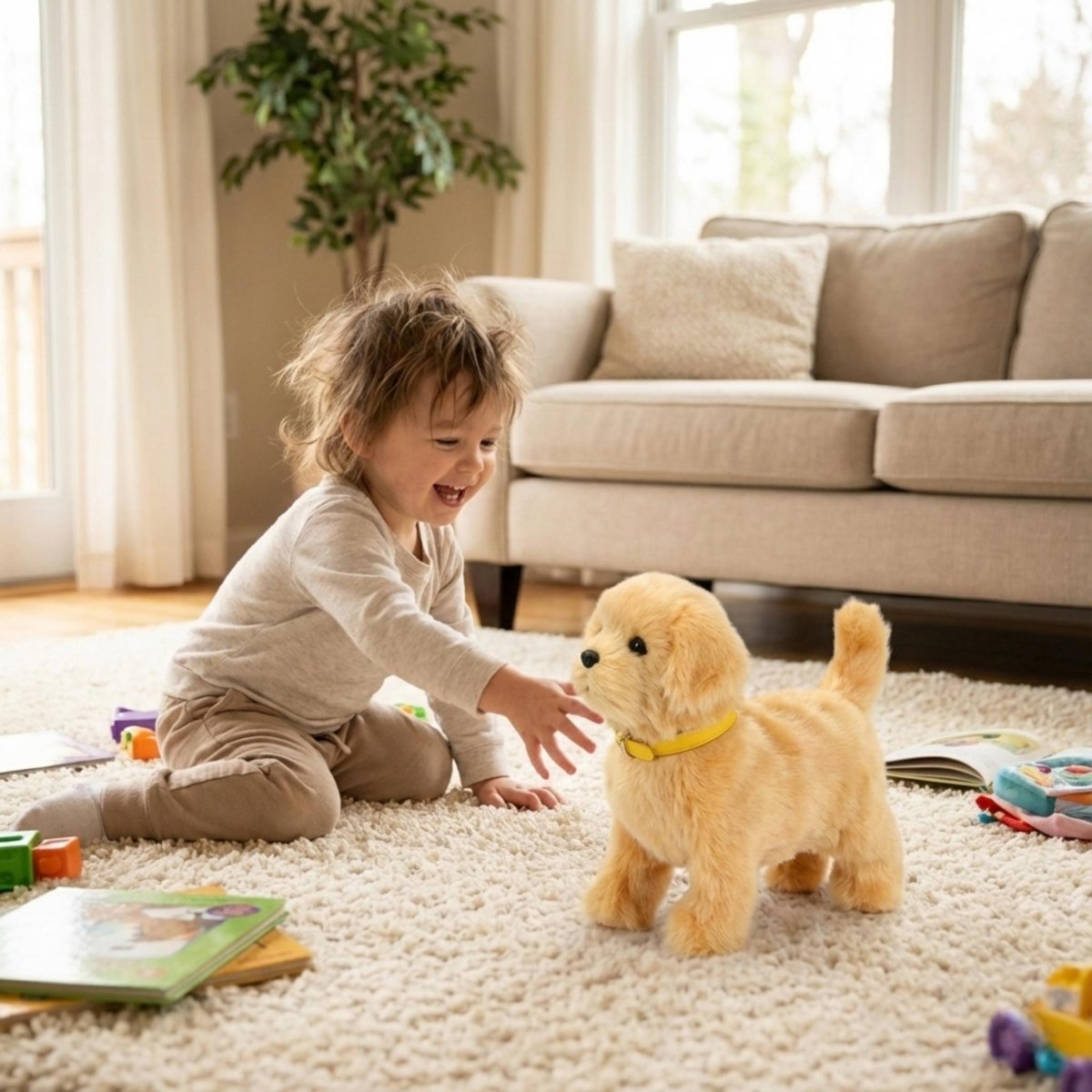 Interaktiver elektronischer Plüsch-Golden-Retriever-Welpe – Realistisches Spielzeughündchen Geschenk für Kinder ab 3 Jahren