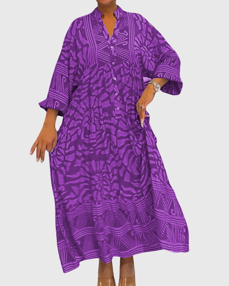 Women's Maxi Dress with V-Neck and Half-Length Sleeves | Airy Summer Dress with Print in a Loose Fit for Everyday Wear