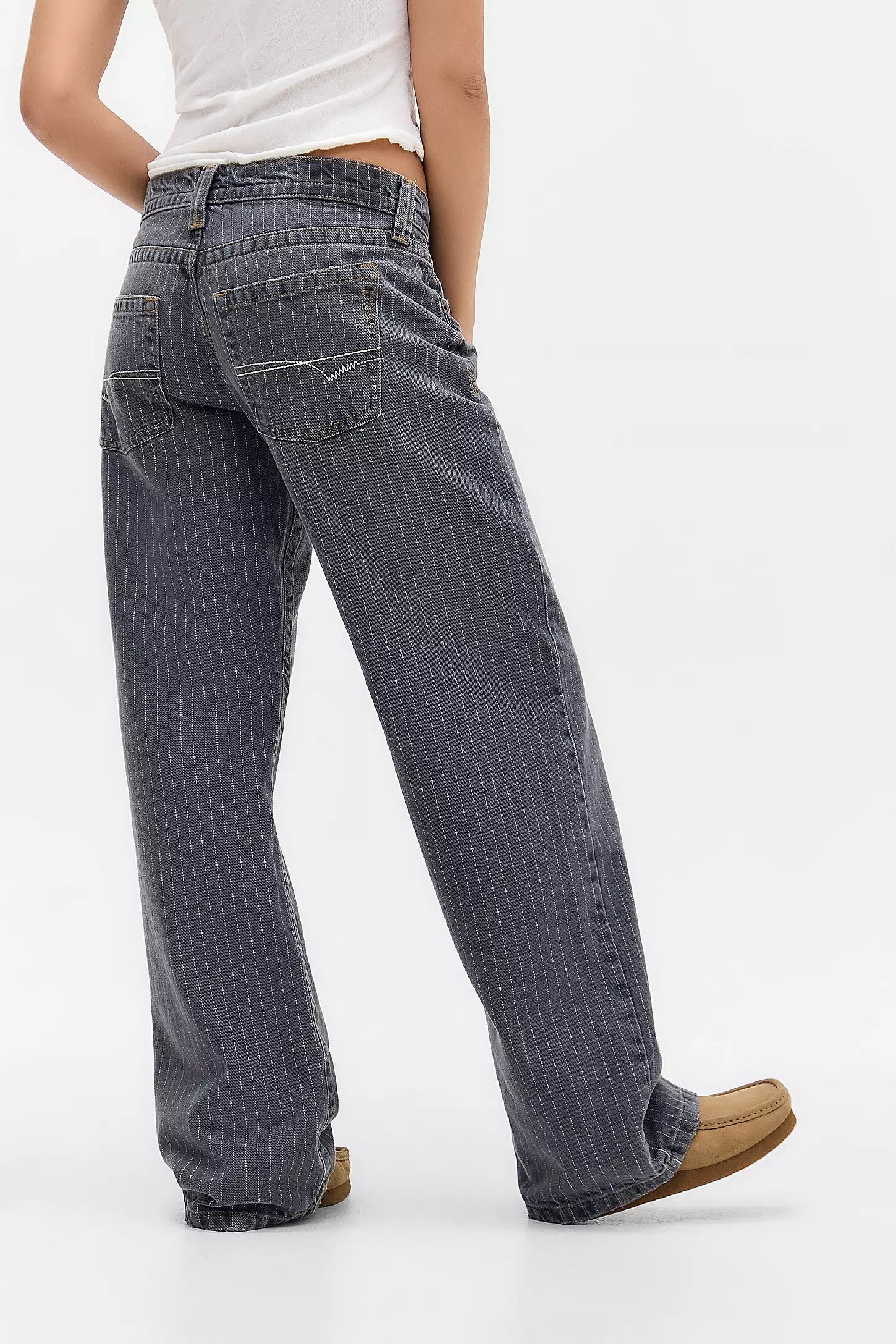 Damen Hose mit weitem Bein und Nadelstreifen | Straight Leg Denim mit niedriger Taille | Bequeme Wide Leg Stoffhose
