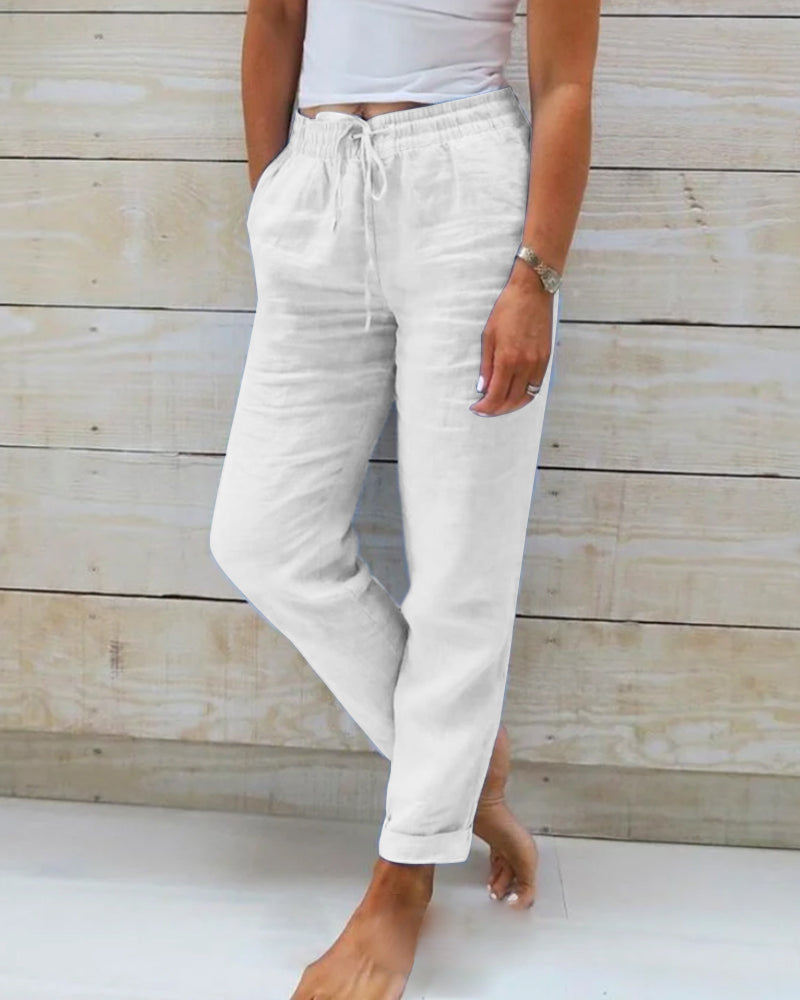 Damen Leinen-Baumwollhose mit elastischem Bund und Kordelzug
