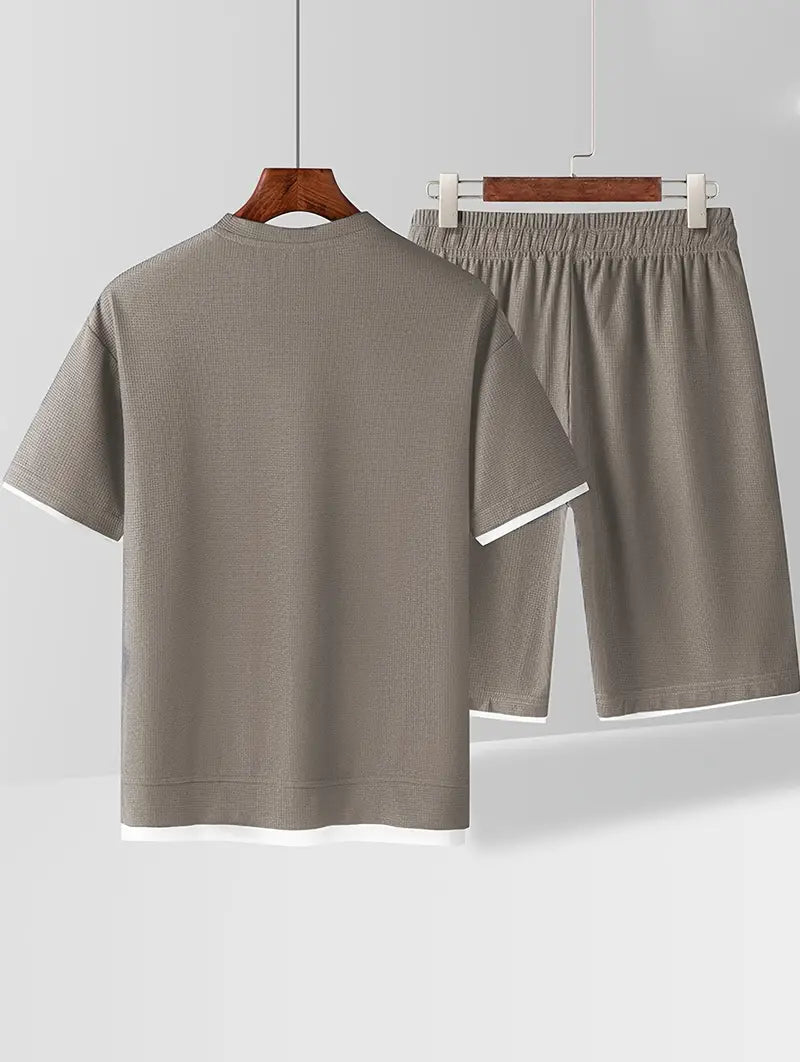Waffle Knit Set for Men | Short Sleeve T-Shirt and Shorts Two-Piece | Breathable Casual Set with Drawstring | Relaxed Fit