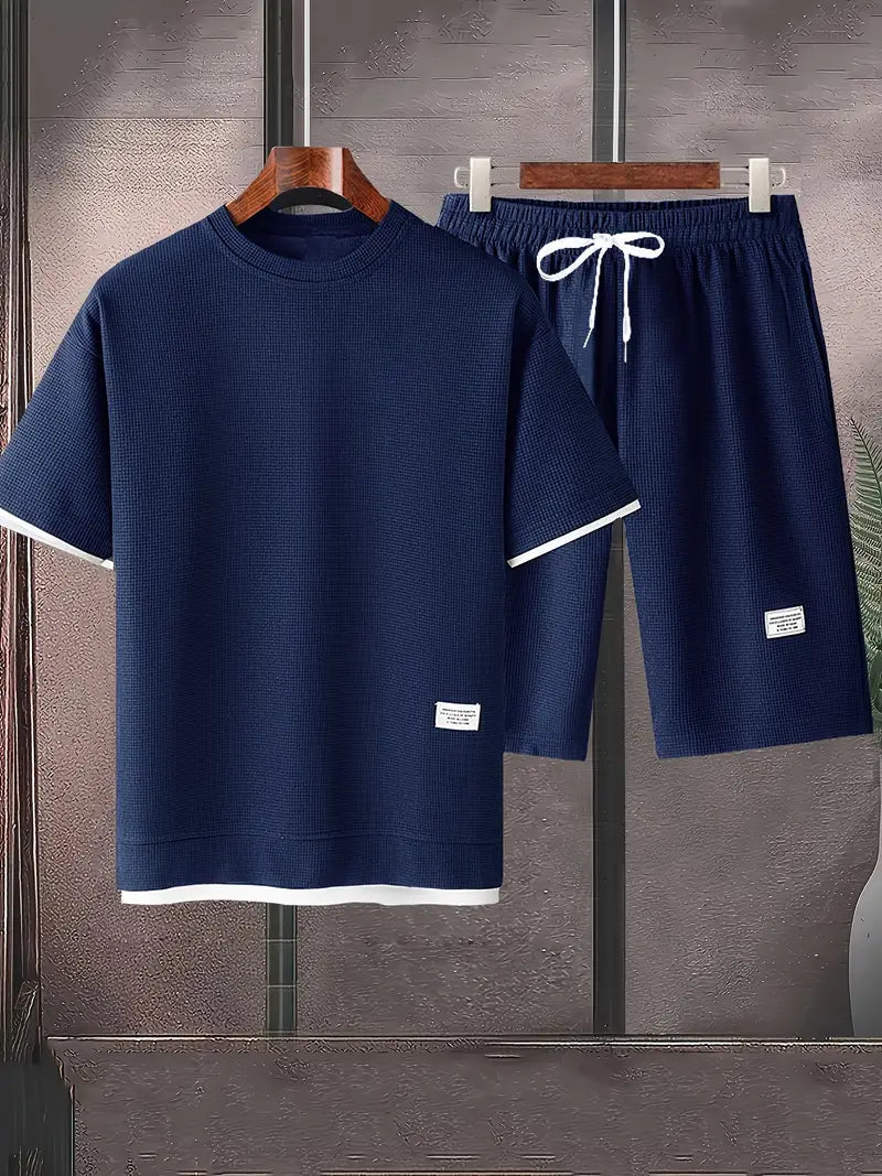 Waffle Knit Set for Men | Short Sleeve T-Shirt and Shorts Two-Piece | Breathable Casual Set with Drawstring | Relaxed Fit