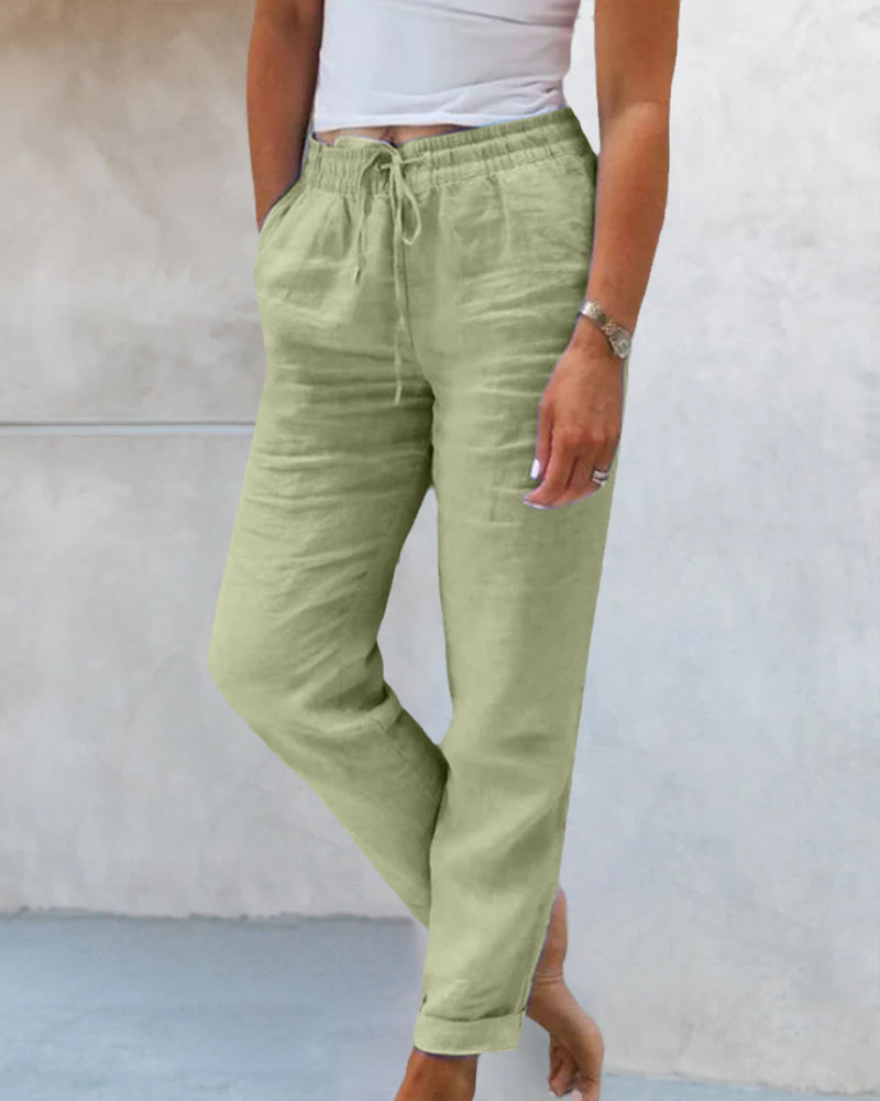 Damen Leinen-Baumwollhose mit elastischem Bund und Kordelzug