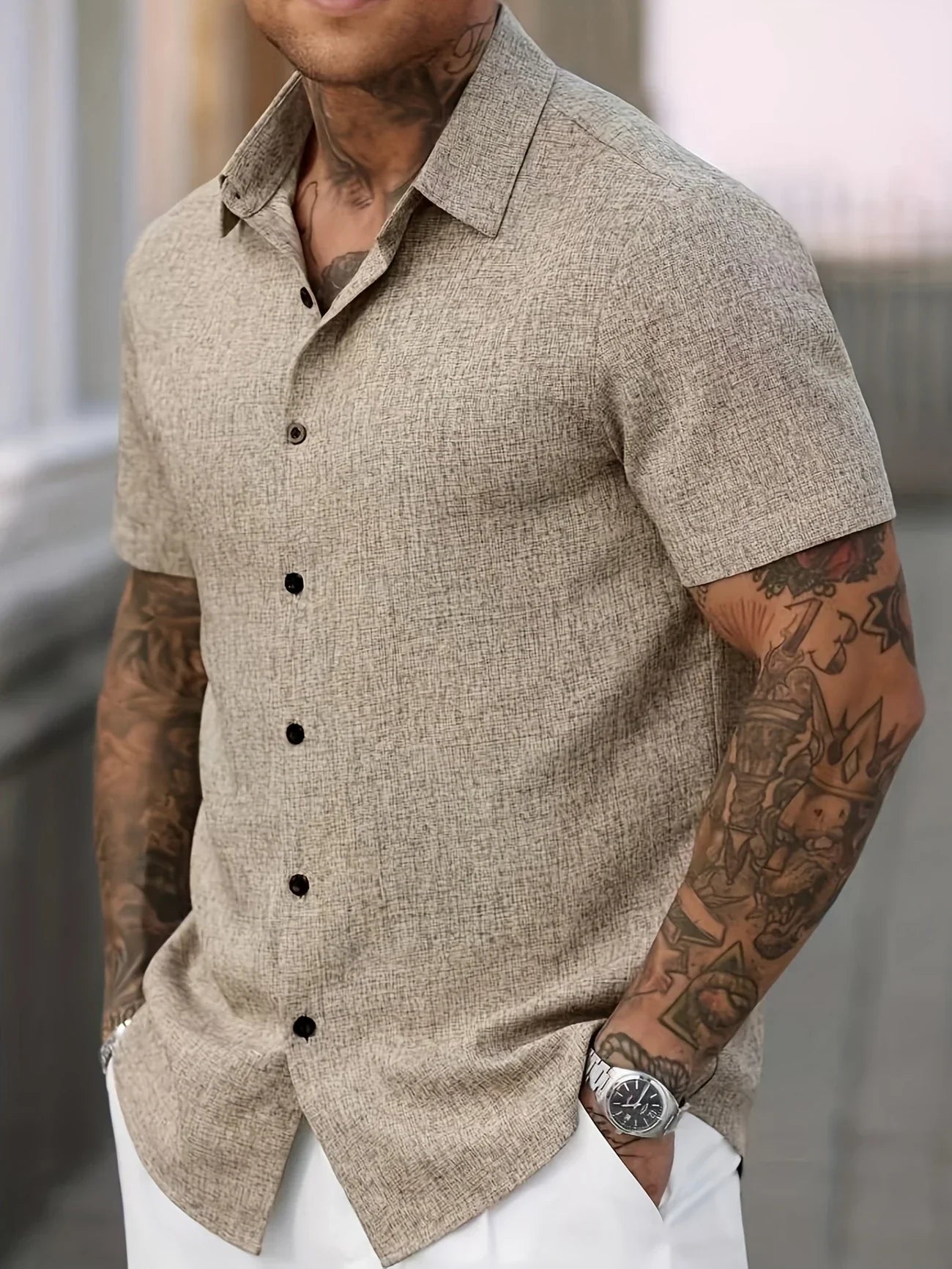 Men's Short-Sleeve Linen Shirt - Lightweight Summer Shirt Made from Linen Blend - Breathable Casual Shirt for Vacation and Everyday Wear