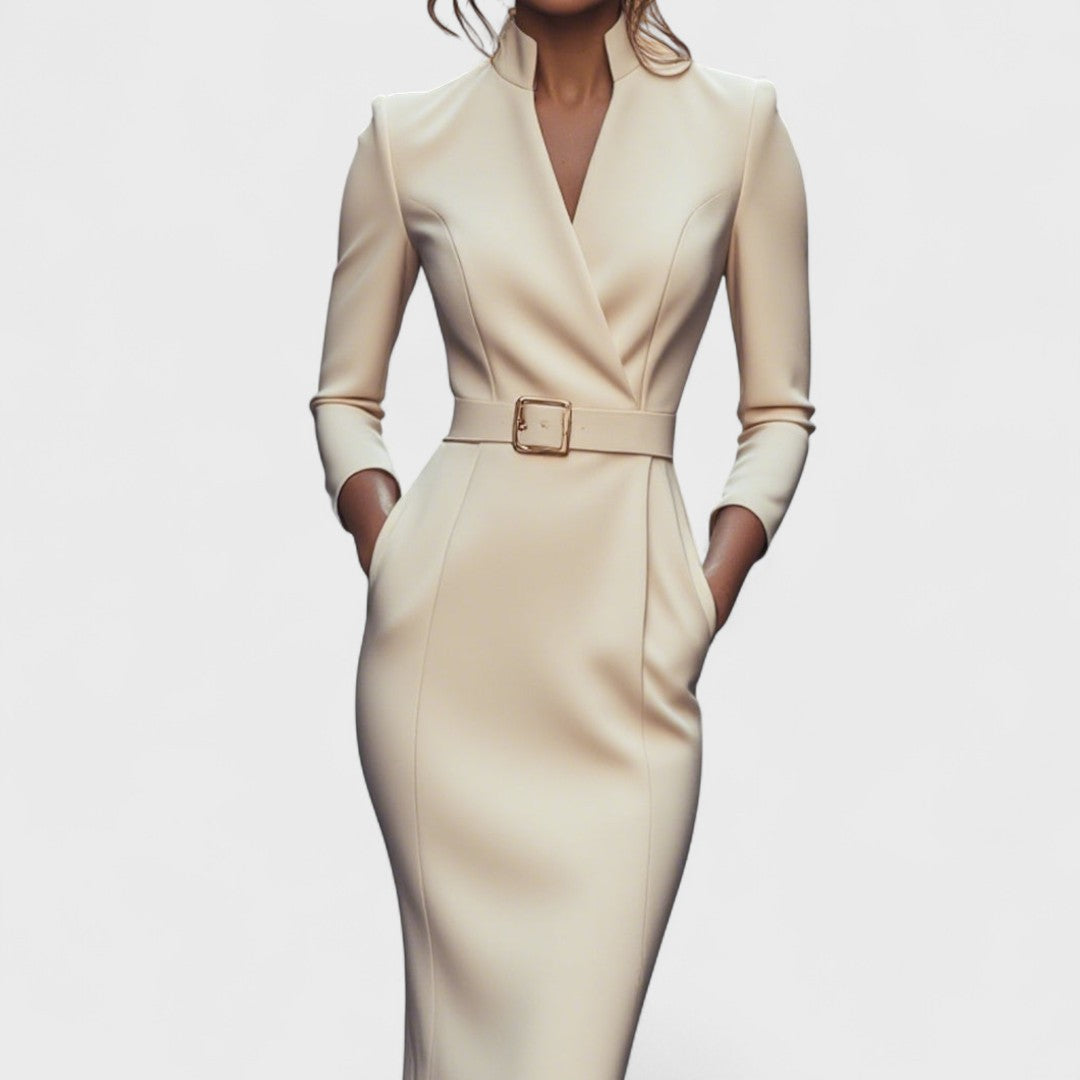 Elegant women's dress with belt and stand-up collar