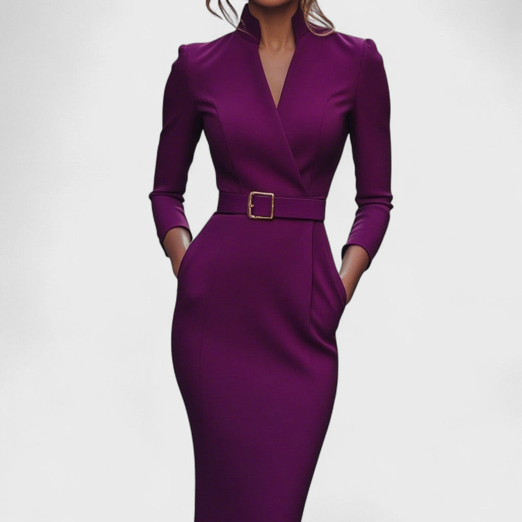 Elegant women's dress with belt and stand-up collar
