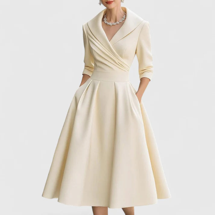 Classic Women's Wrap Dress with V-Neck | Elegant Midi Dress with 3/4 Sleeves and Practical Side Pockets
