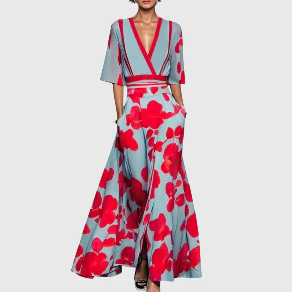 Maxikleid Damen mit V-Ausschnitt und Blumenmuster | Elegantes Wickelkleid mit kurzen Ärmeln für festliche Anlässe und Sommer