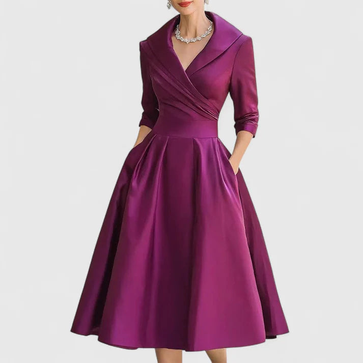 Classic Women's Wrap Dress with V-Neck | Elegant Midi Dress with 3/4 Sleeves and Practical Side Pockets