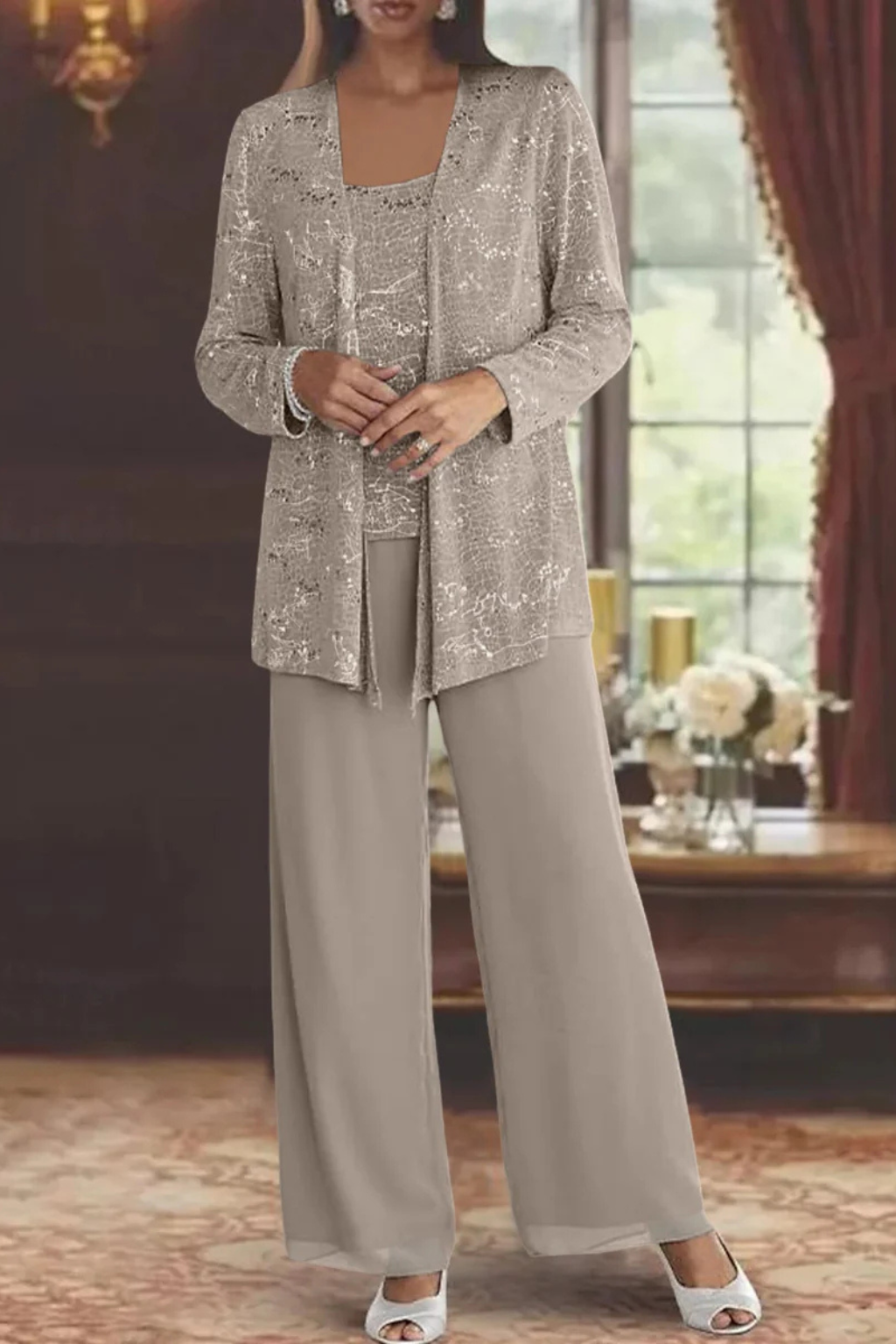 Women's 3-Piece Formal Pantsuit | Set with Sequin Lace Jacket and Wide-Leg Pants | Elegant Outfit for Wedding Guests