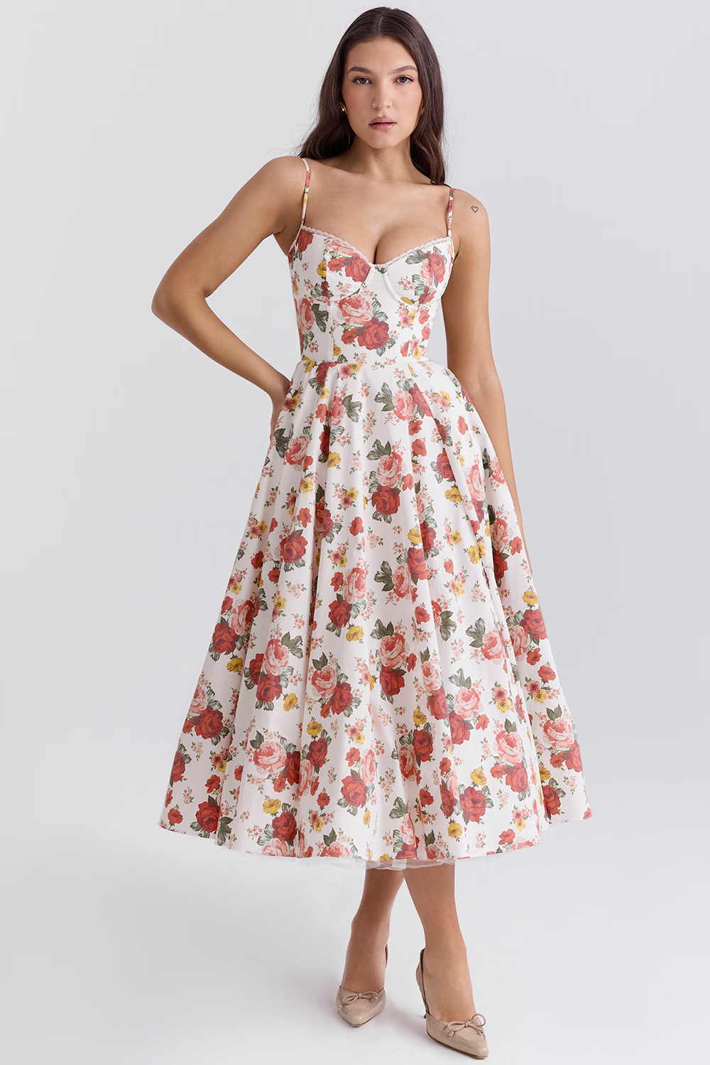 Women's midi dress with corset top and tulle skirt | Festive dress for wedding guests with sweetheart neckline and pockets