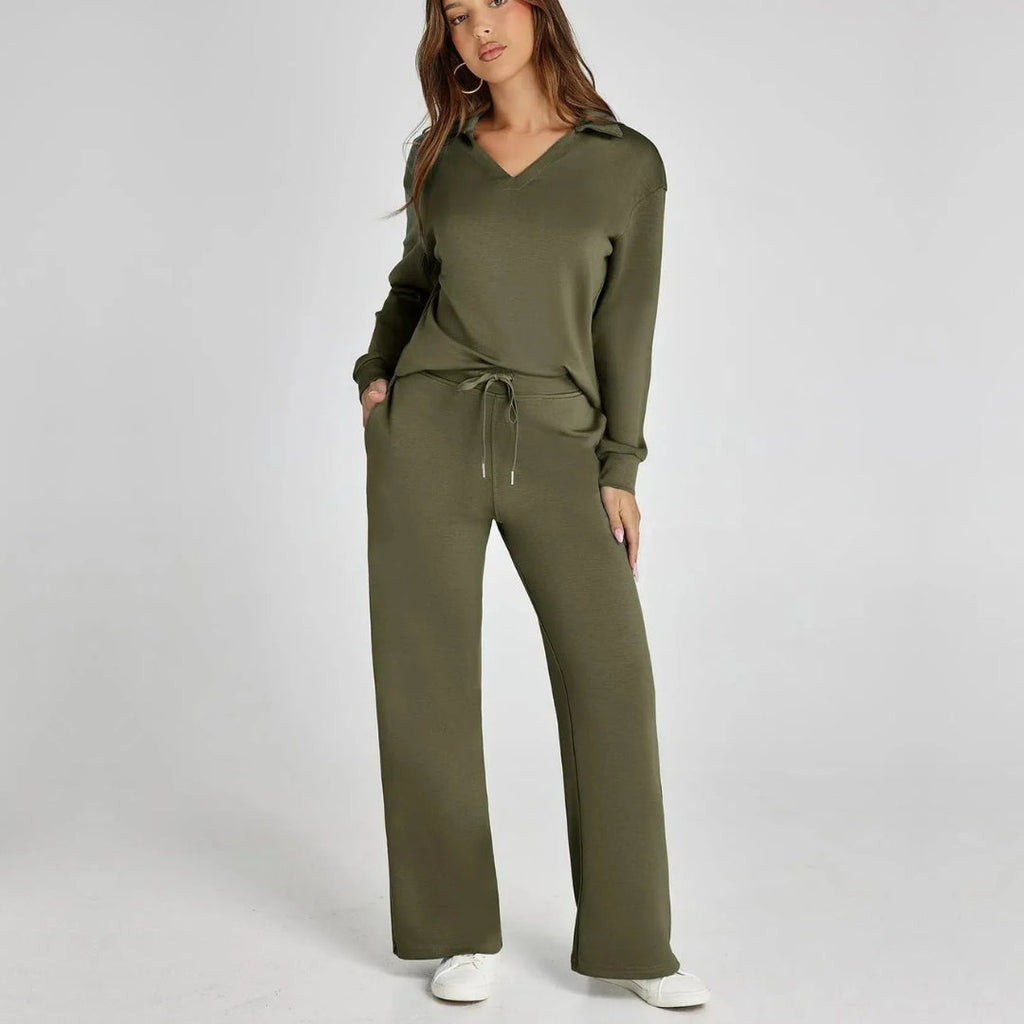 Damen Loungewear Set mit V-Ausschnitt Pullover und Weit Geschnittener Hose | Bequemer Hausanzug für Alltag und Freizeit