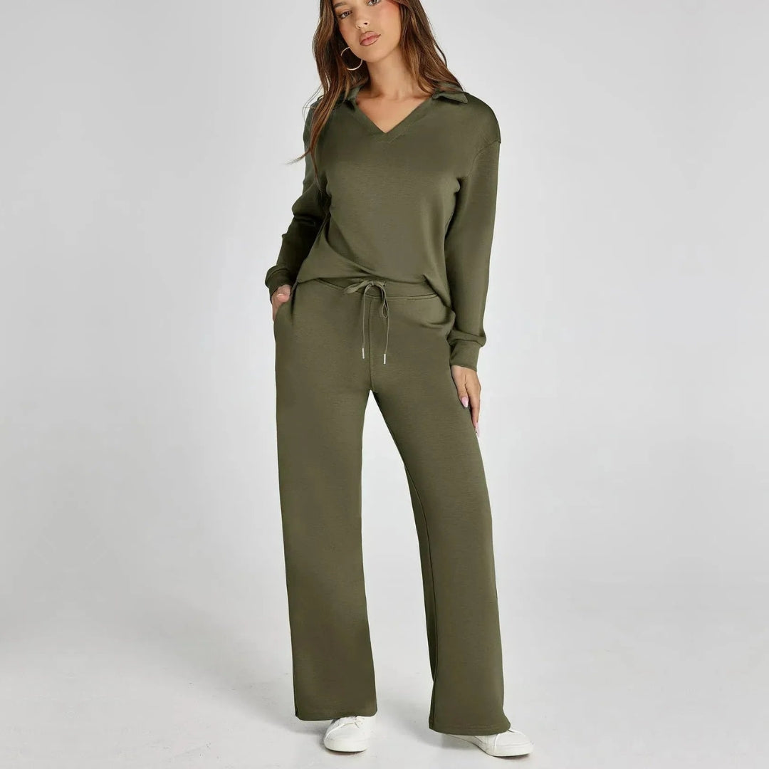 Damen Loungewear Set mit V-Ausschnitt Pullover und Weit Geschnittener Hose | Bequemer Hausanzug für Alltag und Freizeit