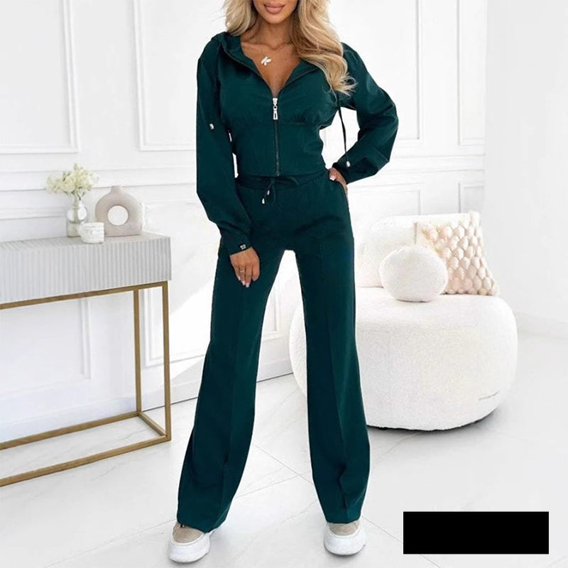 Women's tracksuit with hood and zipper | Comfortable jogging suit for leisure | Two-piece set with elastic waistband