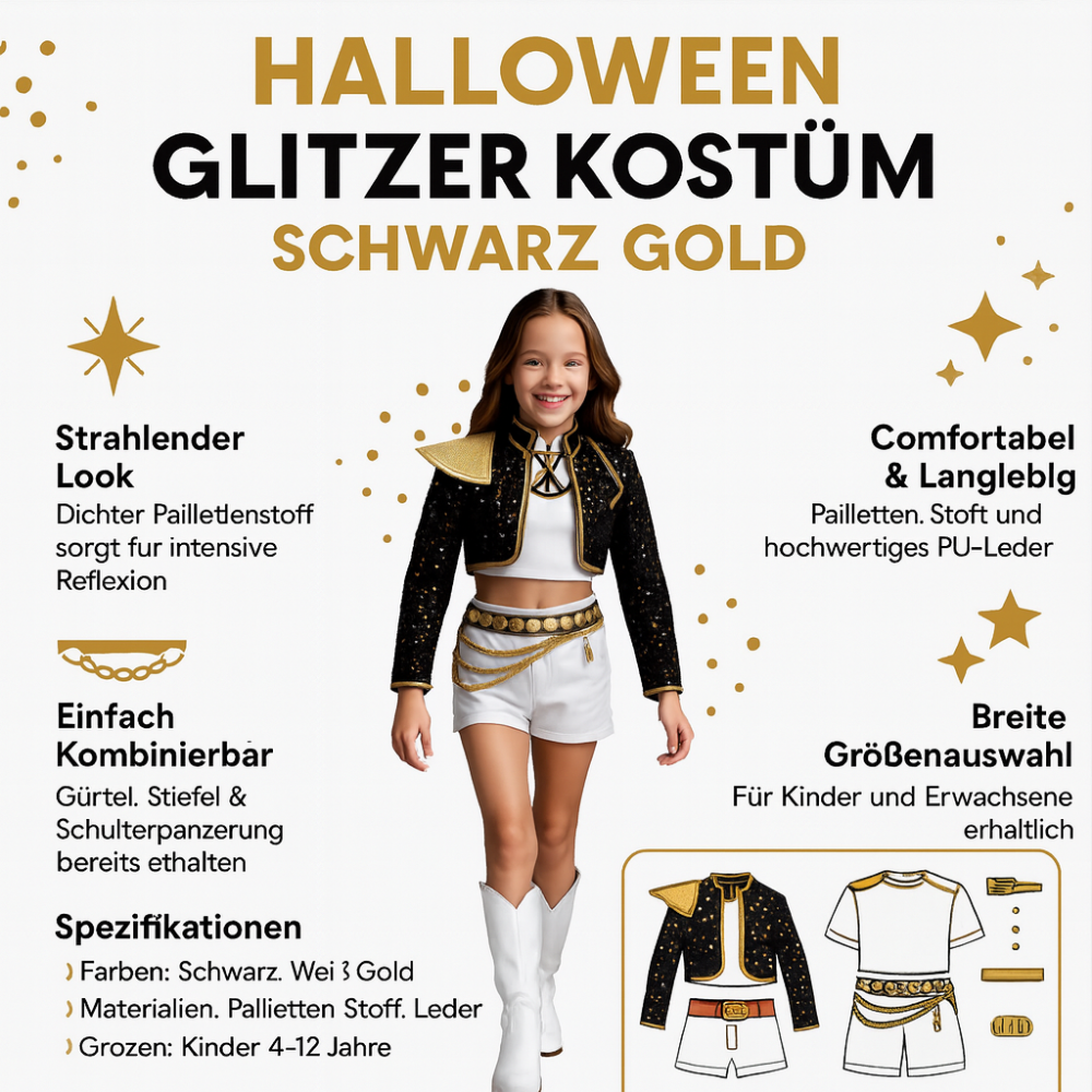 Glitzerndes Pailletten-Bühnenkostüm in Schwarz & Gold