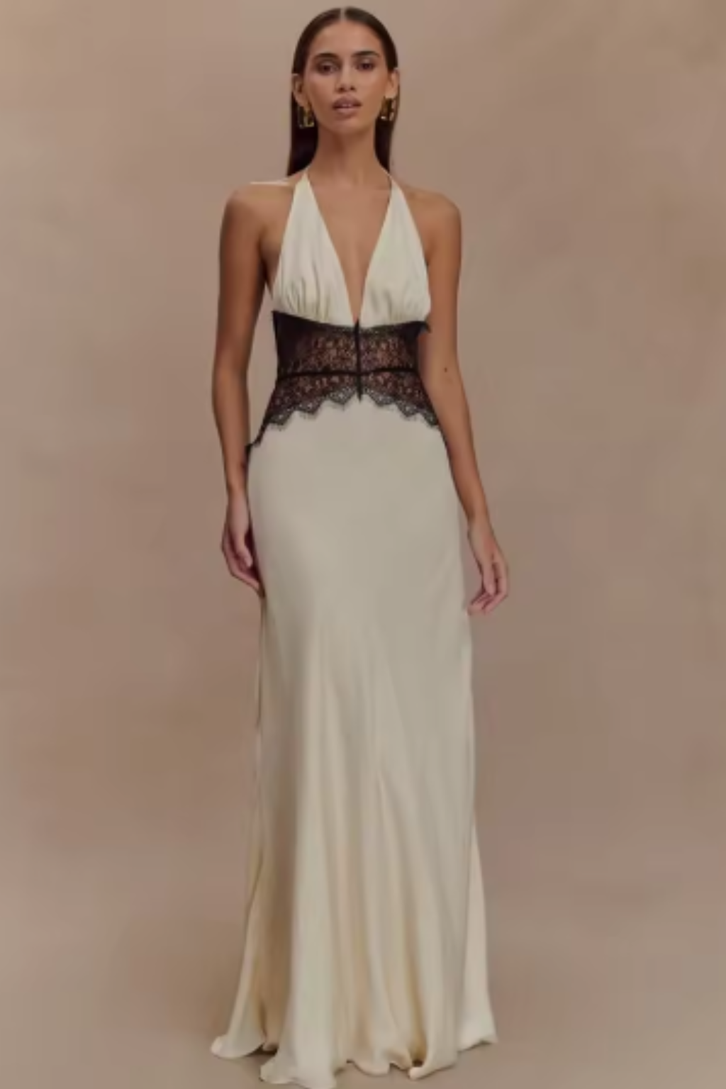 Rückenfreies Maxikleid für Damen | Neckholder Abendkleid mit tiefem Ausschnitt & Spitze | Elegantes Kleid für Hochzeitsgäste