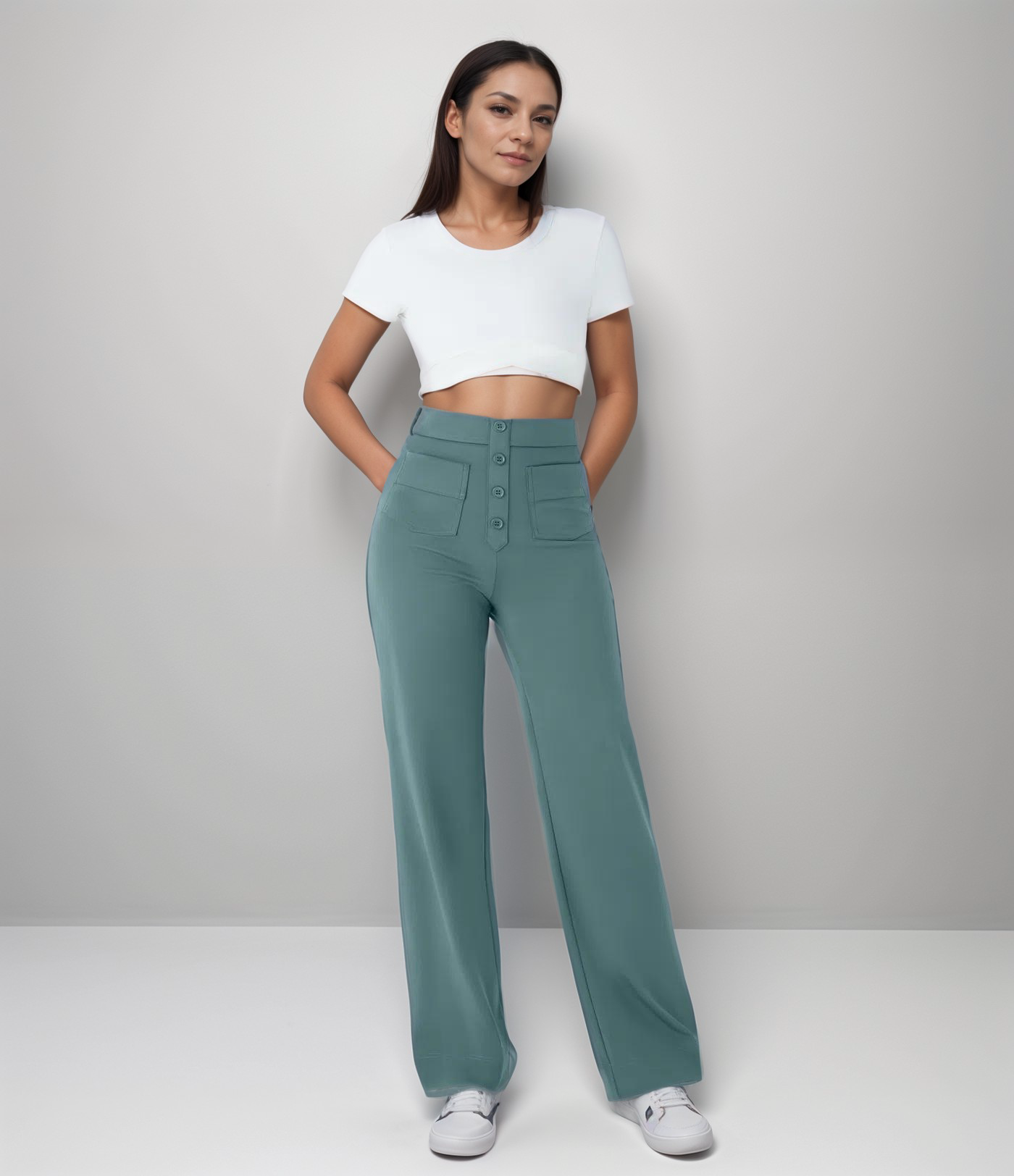 Women's High Waist Pants | Elastic Sculpting Pants with Wide Legs | Comfortable Stretch Pants with Pockets and Shaping Effect