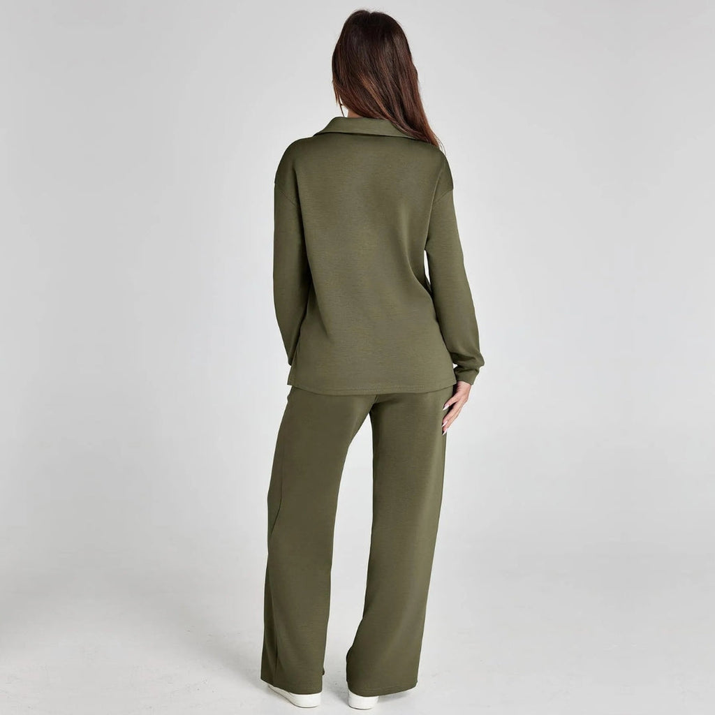 Damen Loungewear Set mit V-Ausschnitt Pullover und Weit Geschnittener Hose | Bequemer Hausanzug für Alltag und Freizeit
