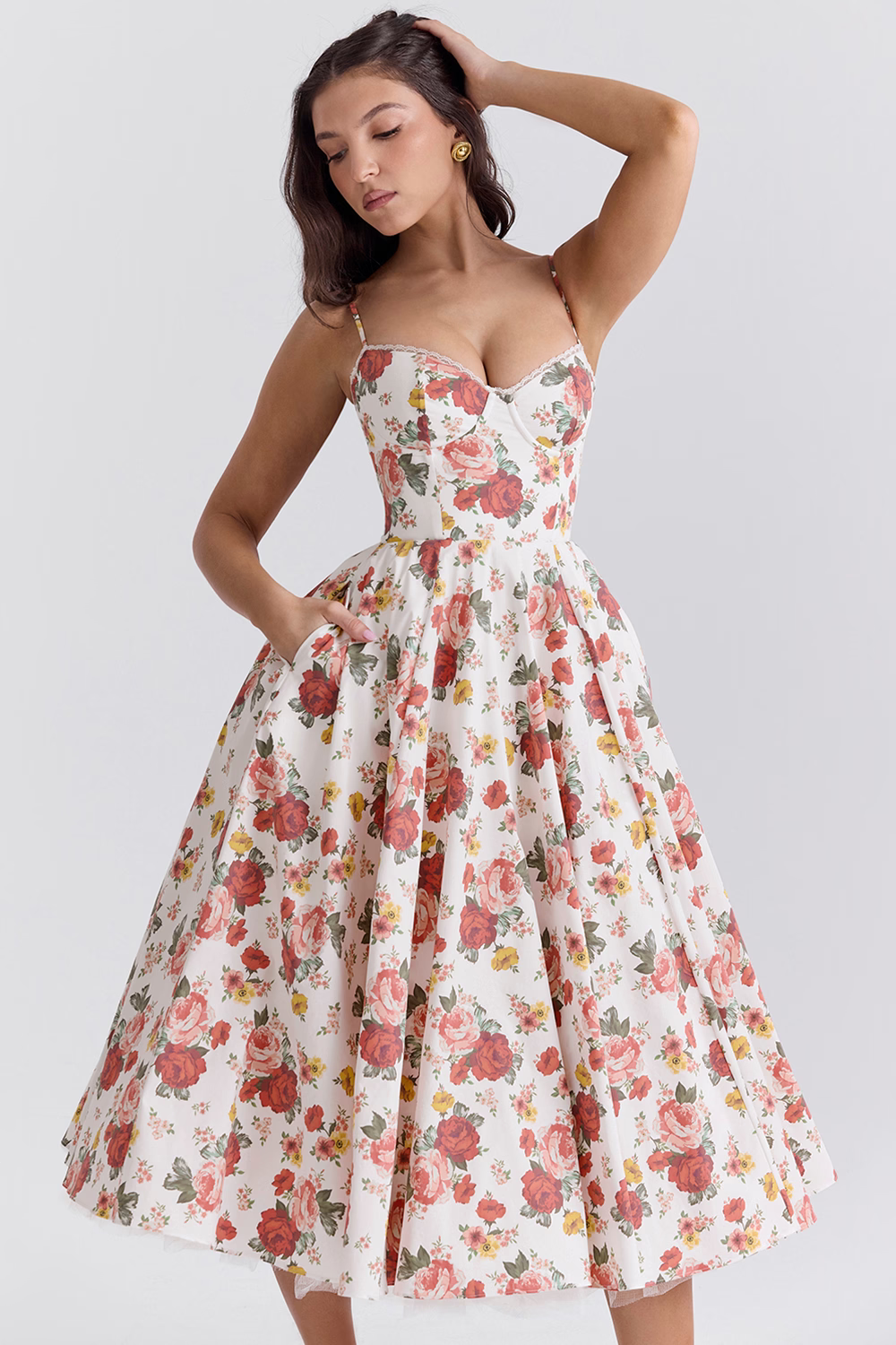 Women's midi dress with corset top and tulle skirt | Festive dress for wedding guests with sweetheart neckline and pockets