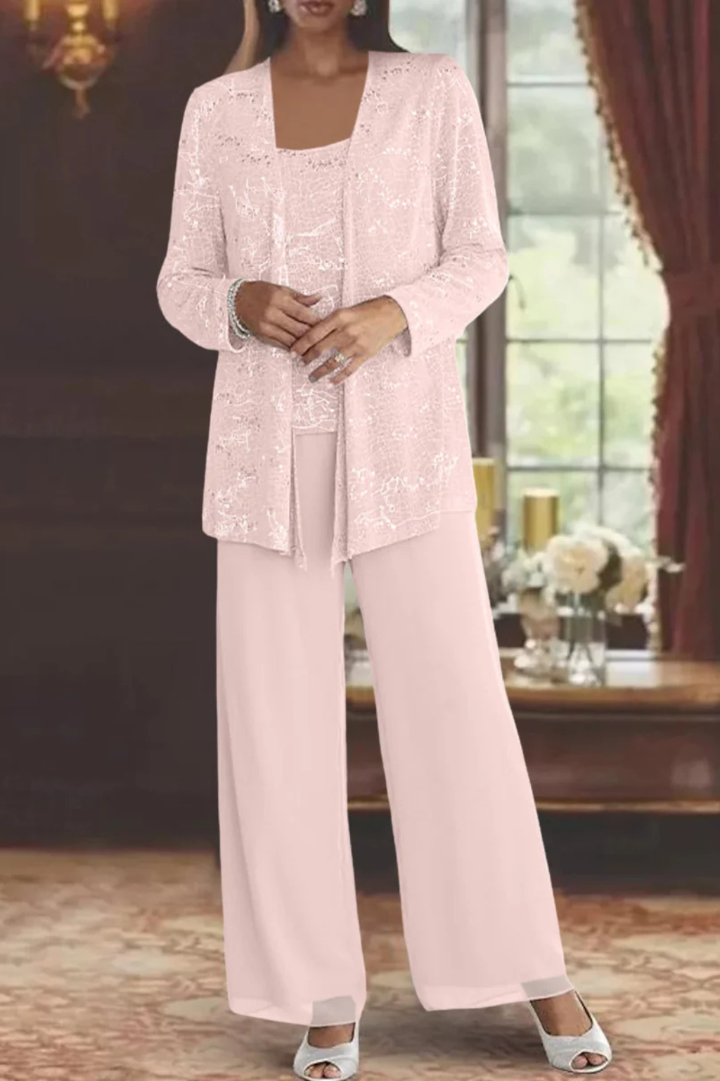 Women's 3-Piece Formal Pantsuit | Set with Sequin Lace Jacket and Wide-Leg Pants | Elegant Outfit for Wedding Guests