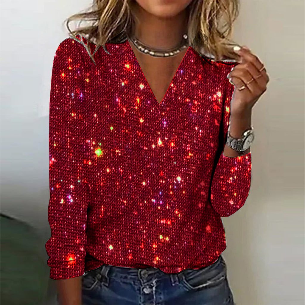 Festliche Glitzer Bluse für Damen mit V-Ausschnitt und Langarm | Elegantes Party Oberteil für besondere Anlässe und Abende