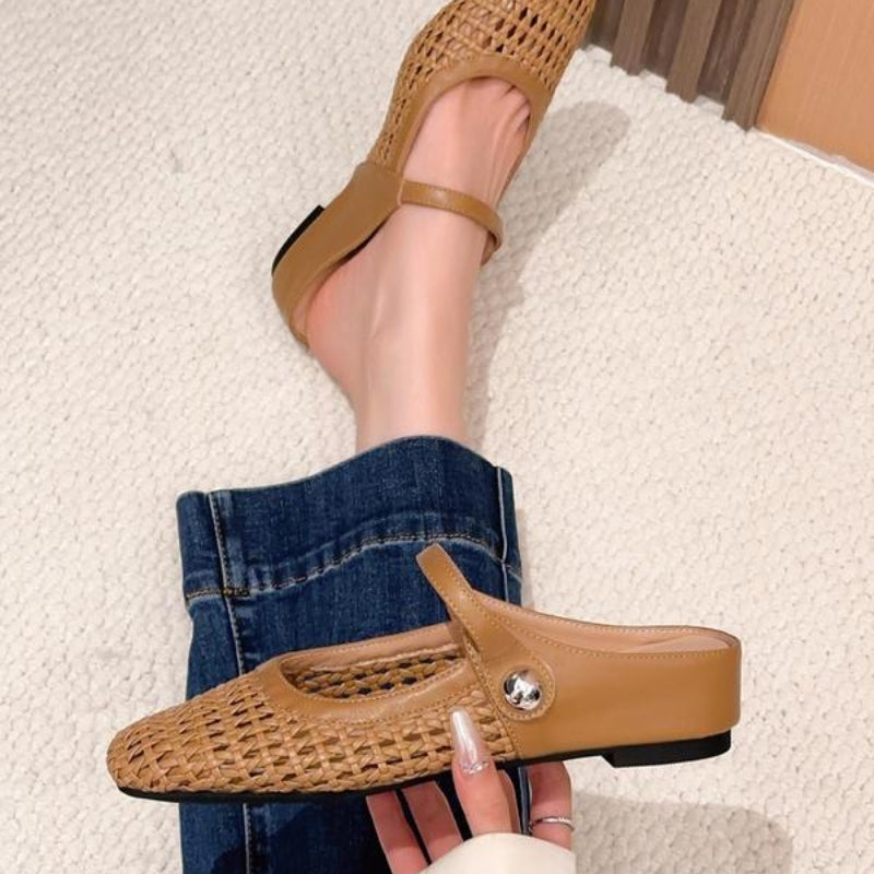 Damen Mules geflochten | Flache Slipper in Metallic-Optik mit Riemchen und eckiger Zehenpartie | Bequeme Schlupfschuhe