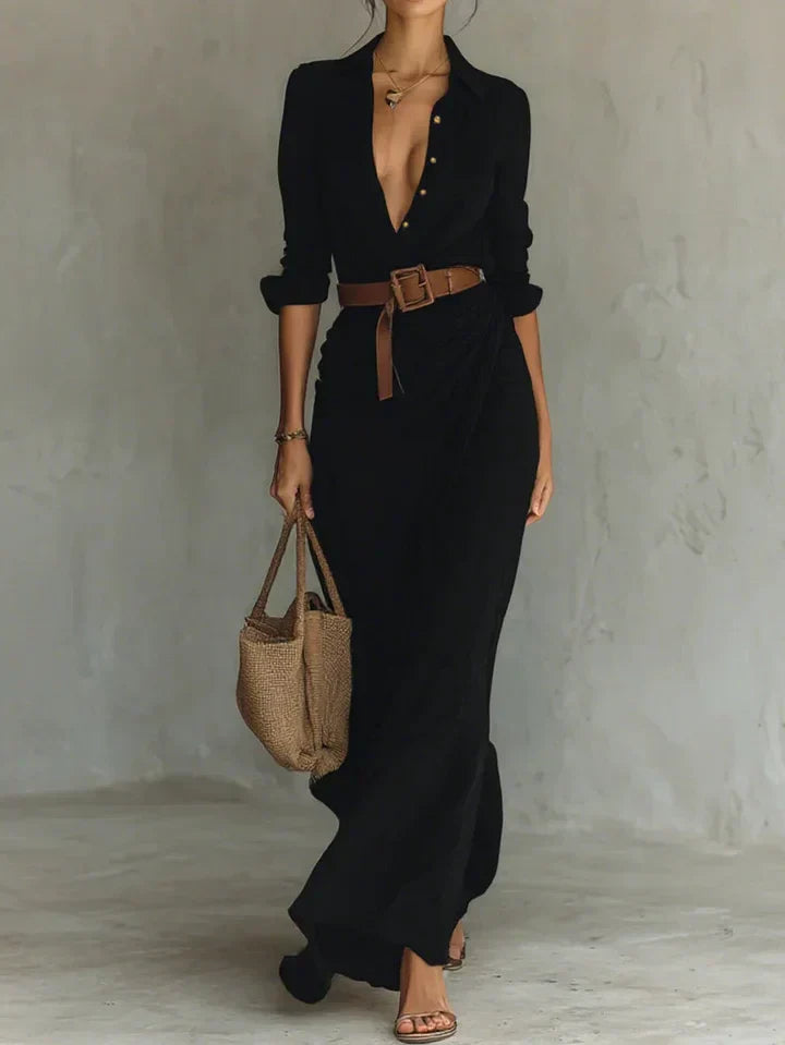 Airy maxi dress for women with classic collar and waist belt | Lightweight summer dress with button placket and pleated design