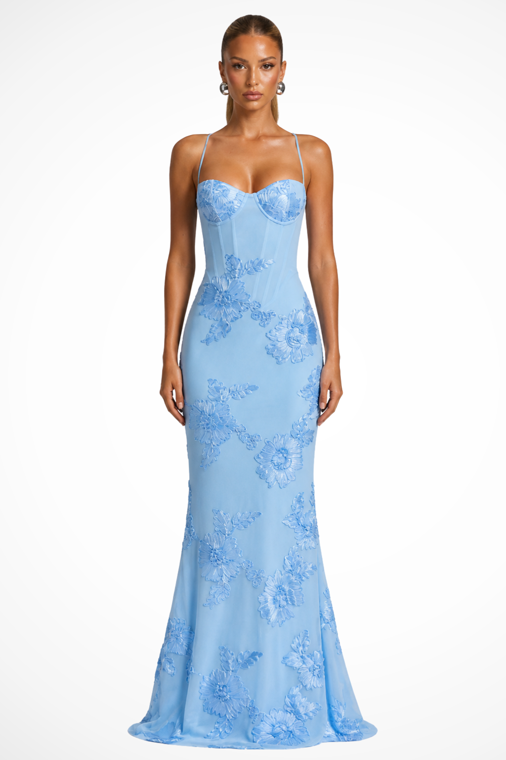 Damen Maxikleid für Hochzeitsgäste mit floraler Stickerei und Corsage, festliches langes Kleid mit schmalen Trägern