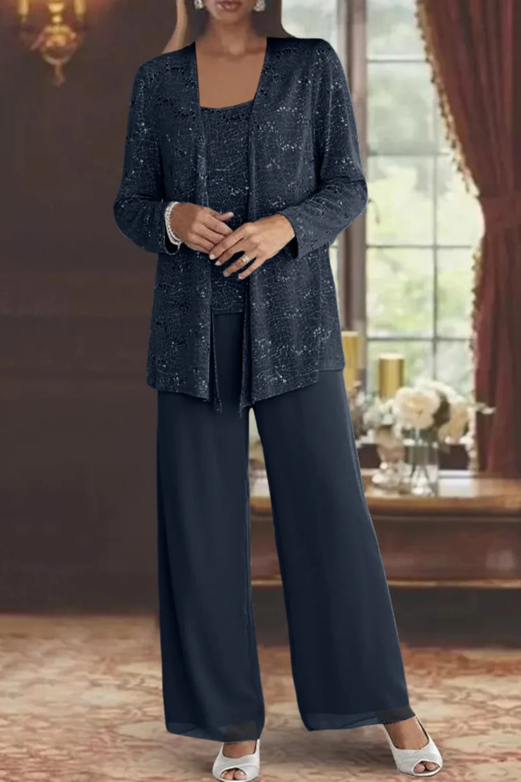 Women's 3-Piece Formal Pantsuit | Set with Sequin Lace Jacket and Wide-Leg Pants | Elegant Outfit for Wedding Guests