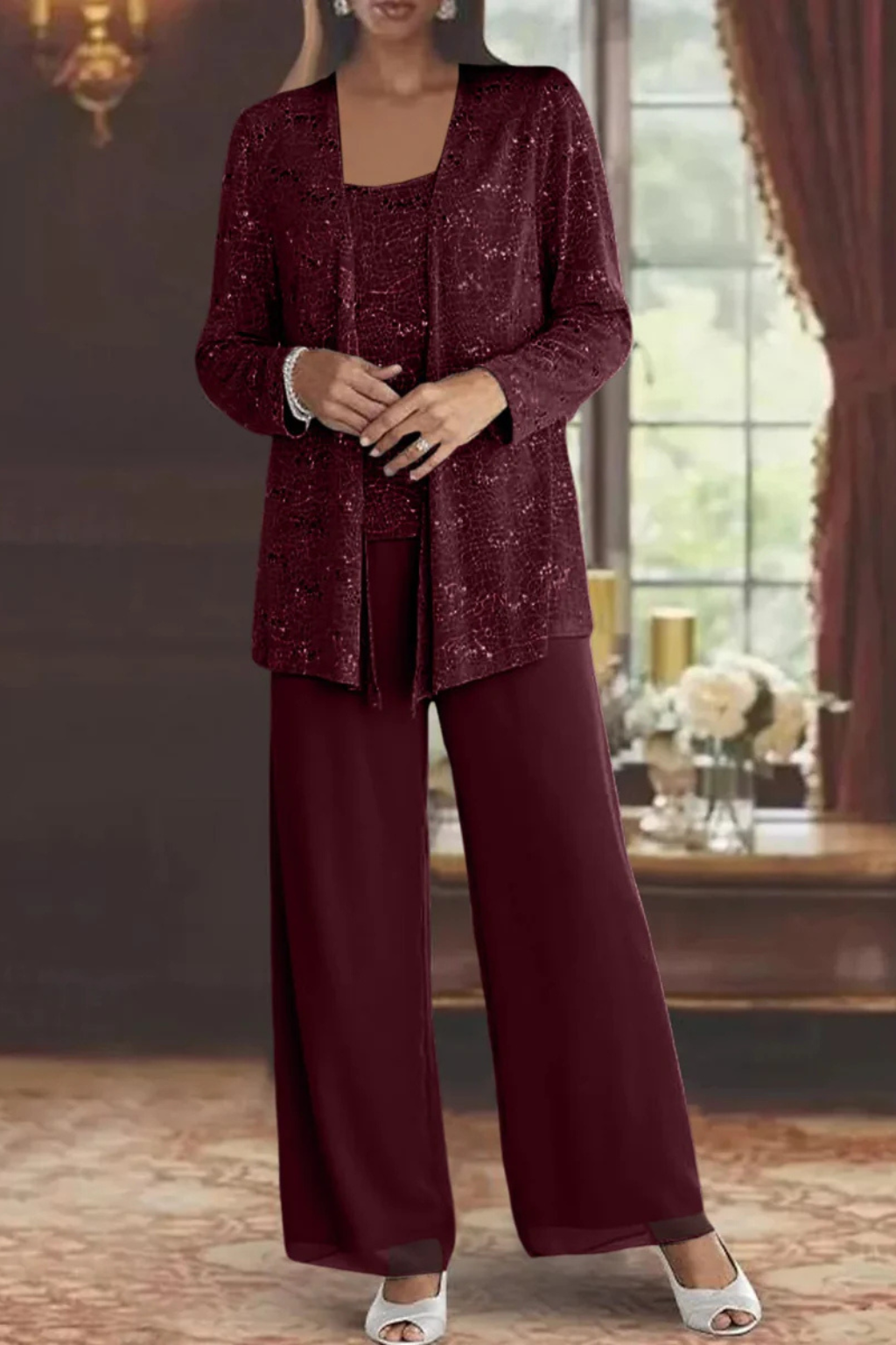 Women's 3-Piece Formal Pantsuit | Set with Sequin Lace Jacket and Wide-Leg Pants | Elegant Outfit for Wedding Guests