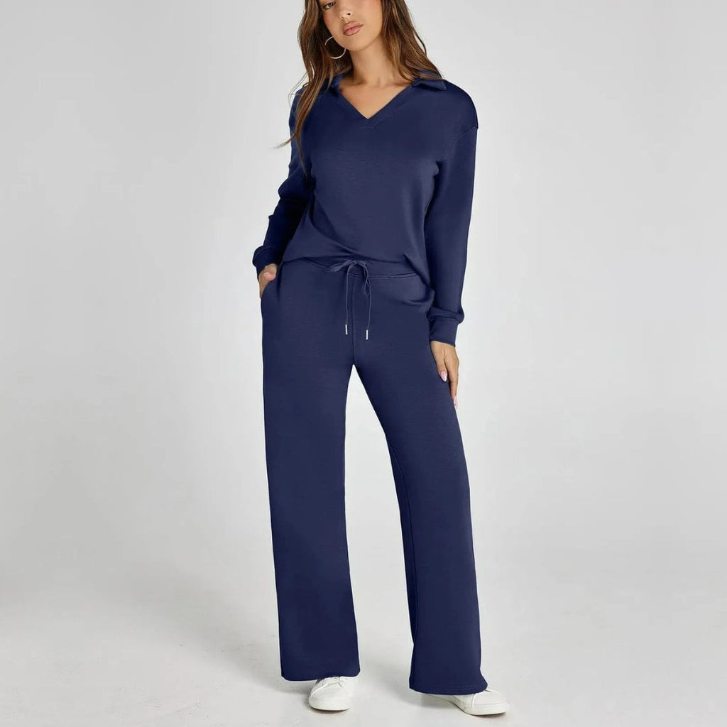 Damen Loungewear Set mit V-Ausschnitt Pullover und Weit Geschnittener Hose | Bequemer Hausanzug für Alltag und Freizeit