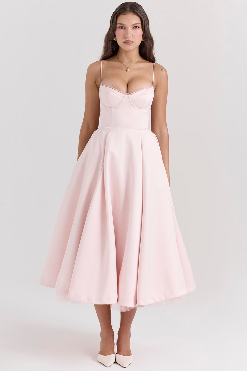 Women's midi dress with corset top and tulle skirt | Festive dress for wedding guests with sweetheart neckline and pockets