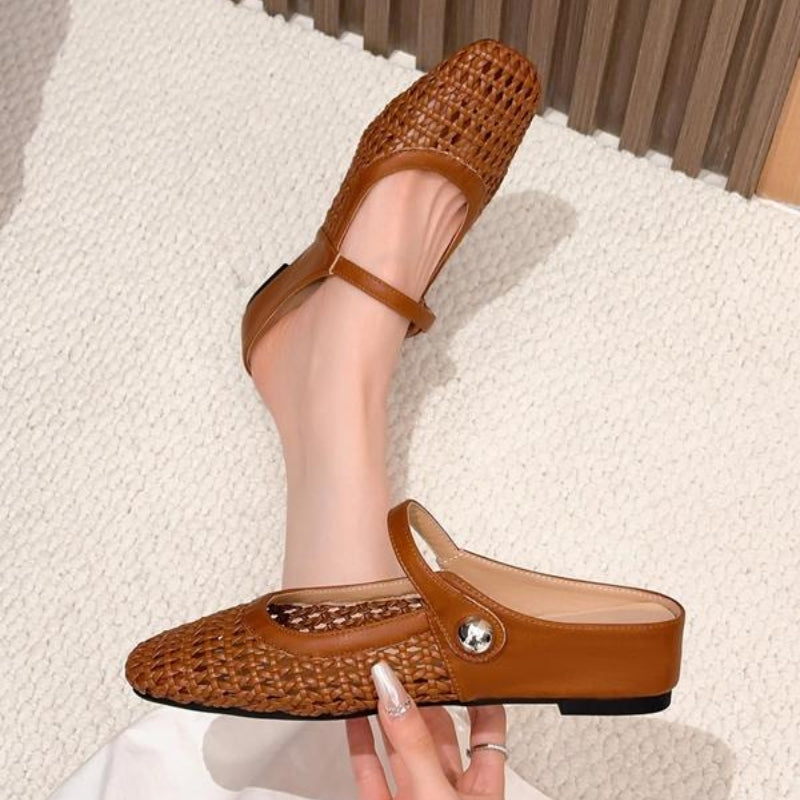 Damen Mules geflochten | Flache Slipper in Metallic-Optik mit Riemchen und eckiger Zehenpartie | Bequeme Schlupfschuhe