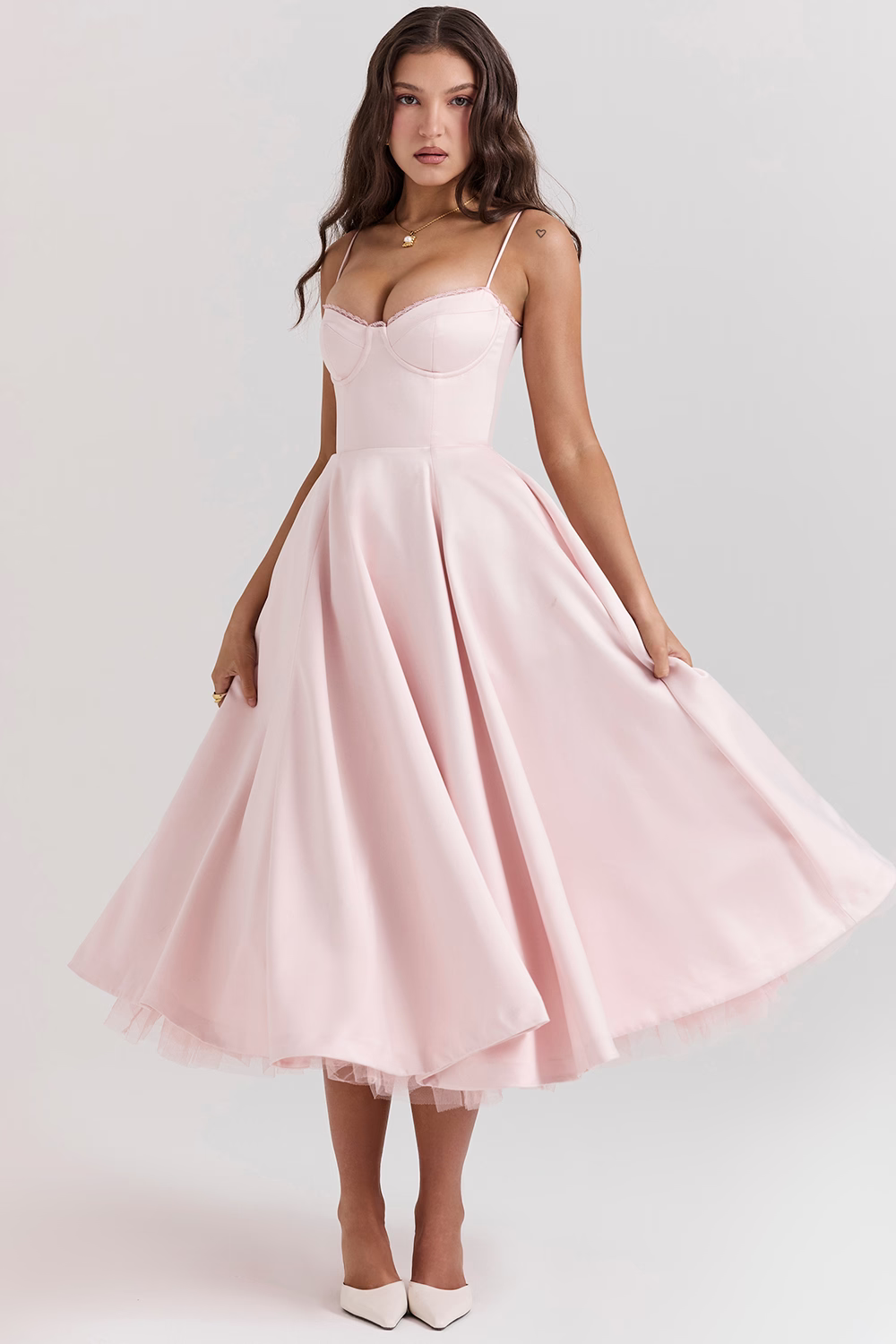 Women's midi dress with corset top and tulle skirt | Festive dress for wedding guests with sweetheart neckline and pockets