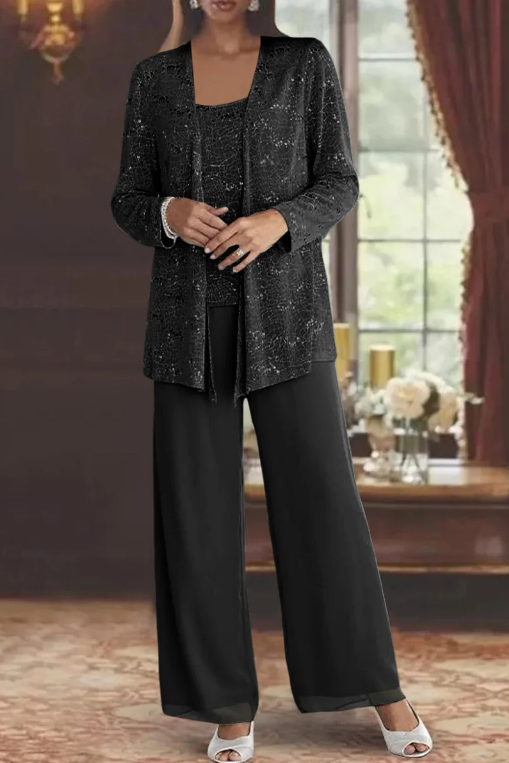Women's 3-Piece Formal Pantsuit | Set with Sequin Lace Jacket and Wide-Leg Pants | Elegant Outfit for Wedding Guests