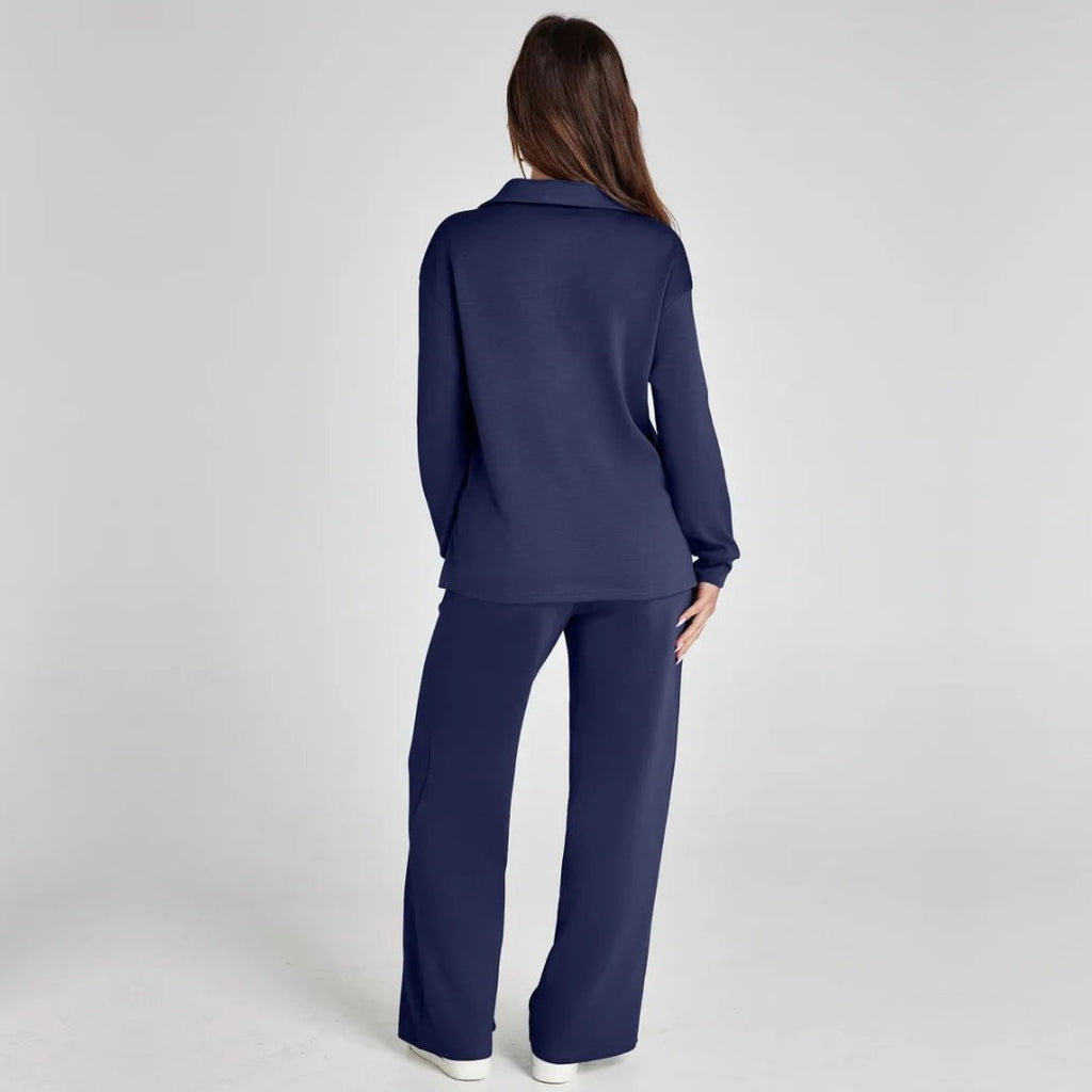 Damen Loungewear Set mit V-Ausschnitt Pullover und Weit Geschnittener Hose | Bequemer Hausanzug für Alltag und Freizeit