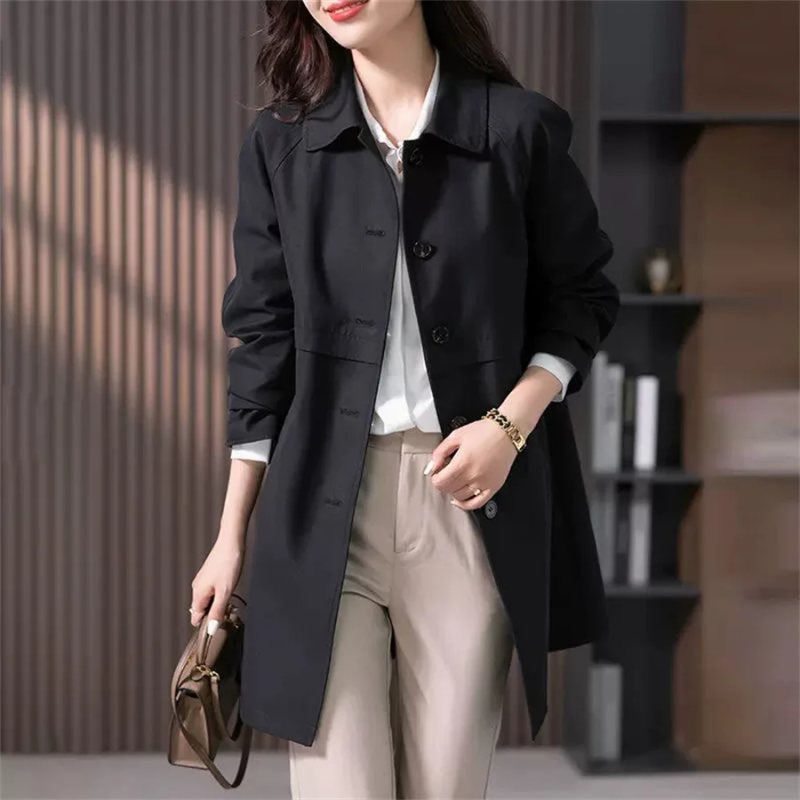 Water-repellent trench coat for women | Mid-length transitional coat casual design | Classic raincoat with pockets
