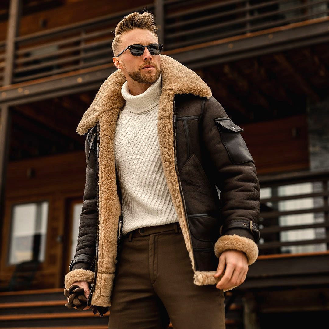 Aviator-Jacke für Herren aus Lammfellimitat | Warmer Pilotenmantel aus Kunstleder