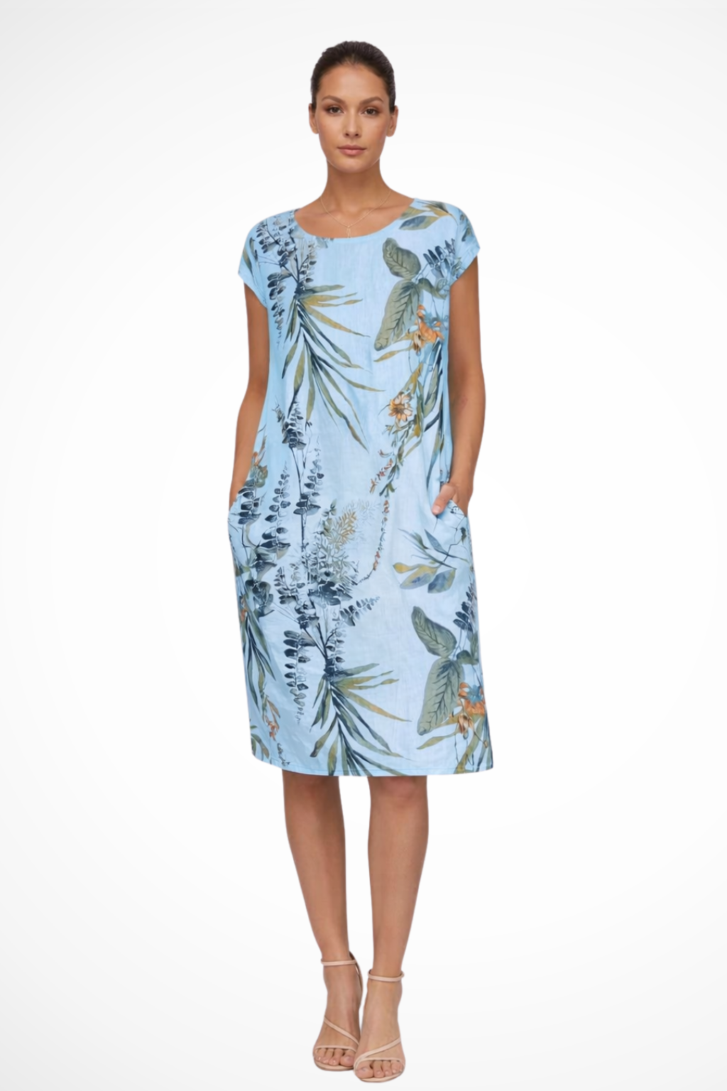 Damen Sommerkleid mit botanischem Print | Ärmelloses Freizeitkleid im Relaxed Fit mit praktischen Seitentaschen | Leichtes,