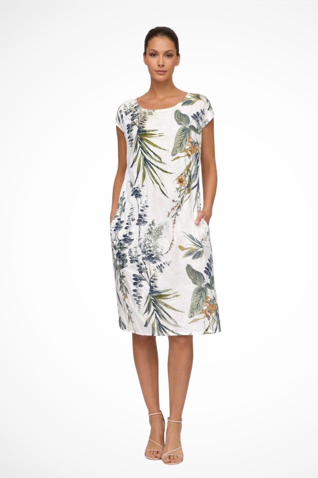 Damen Sommerkleid mit botanischem Print | Ärmelloses Freizeitkleid im Relaxed Fit mit praktischen Seitentaschen | Leichtes,