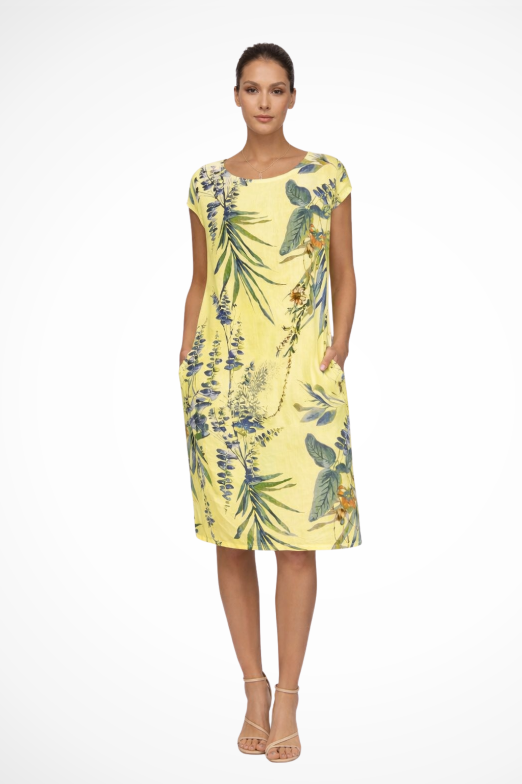 Damen Sommerkleid mit botanischem Print | Ärmelloses Freizeitkleid im Relaxed Fit mit praktischen Seitentaschen | Leichtes,