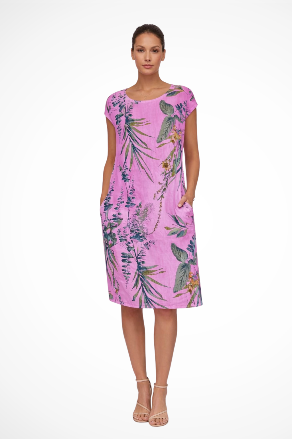 Damen Sommerkleid mit botanischem Print | Ärmelloses Freizeitkleid im Relaxed Fit mit praktischen Seitentaschen | Leichtes,