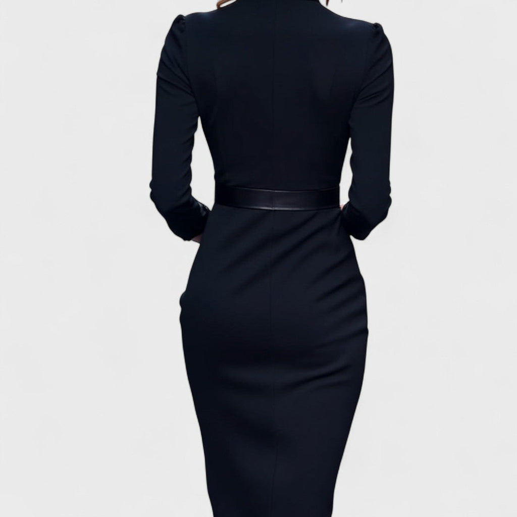 Elegant women's dress with belt and stand-up collar