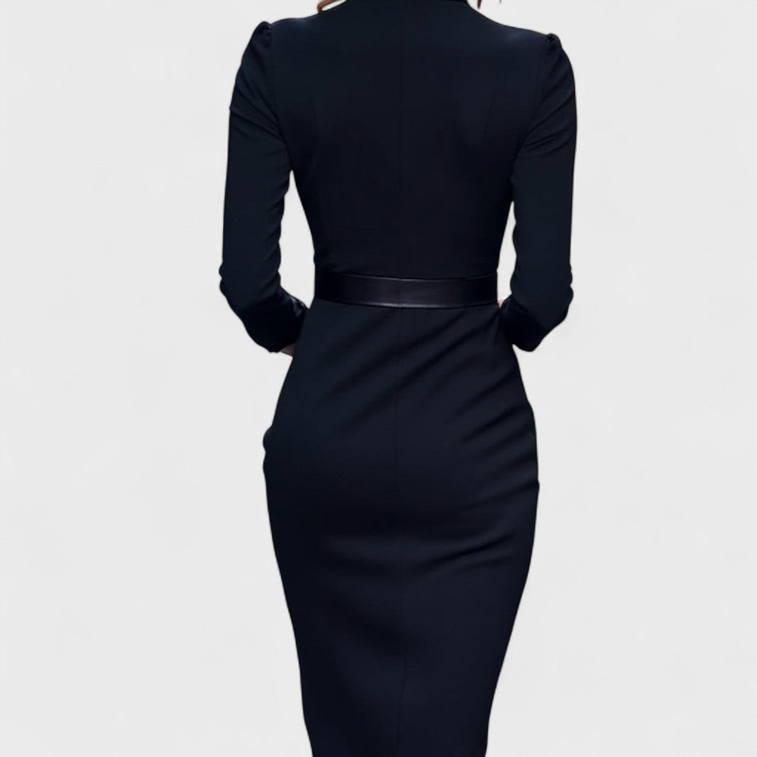 Elegant women's dress with belt and stand-up collar