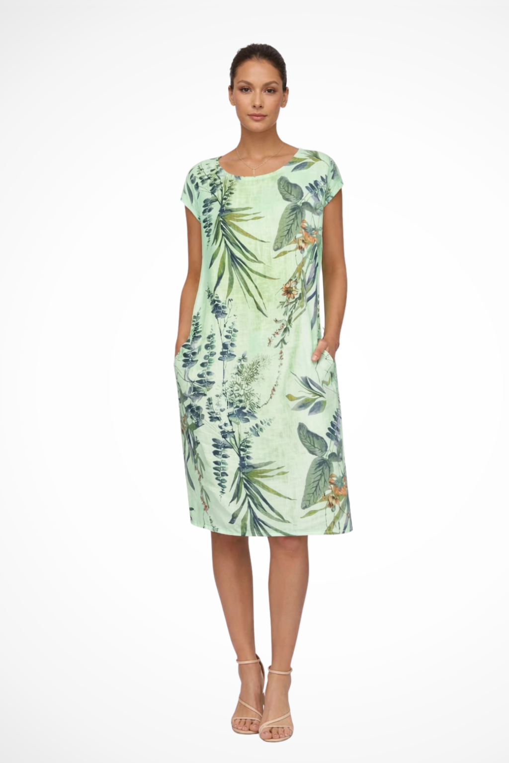 Damen Sommerkleid mit botanischem Print | Ärmelloses Freizeitkleid im Relaxed Fit mit praktischen Seitentaschen | Leichtes,