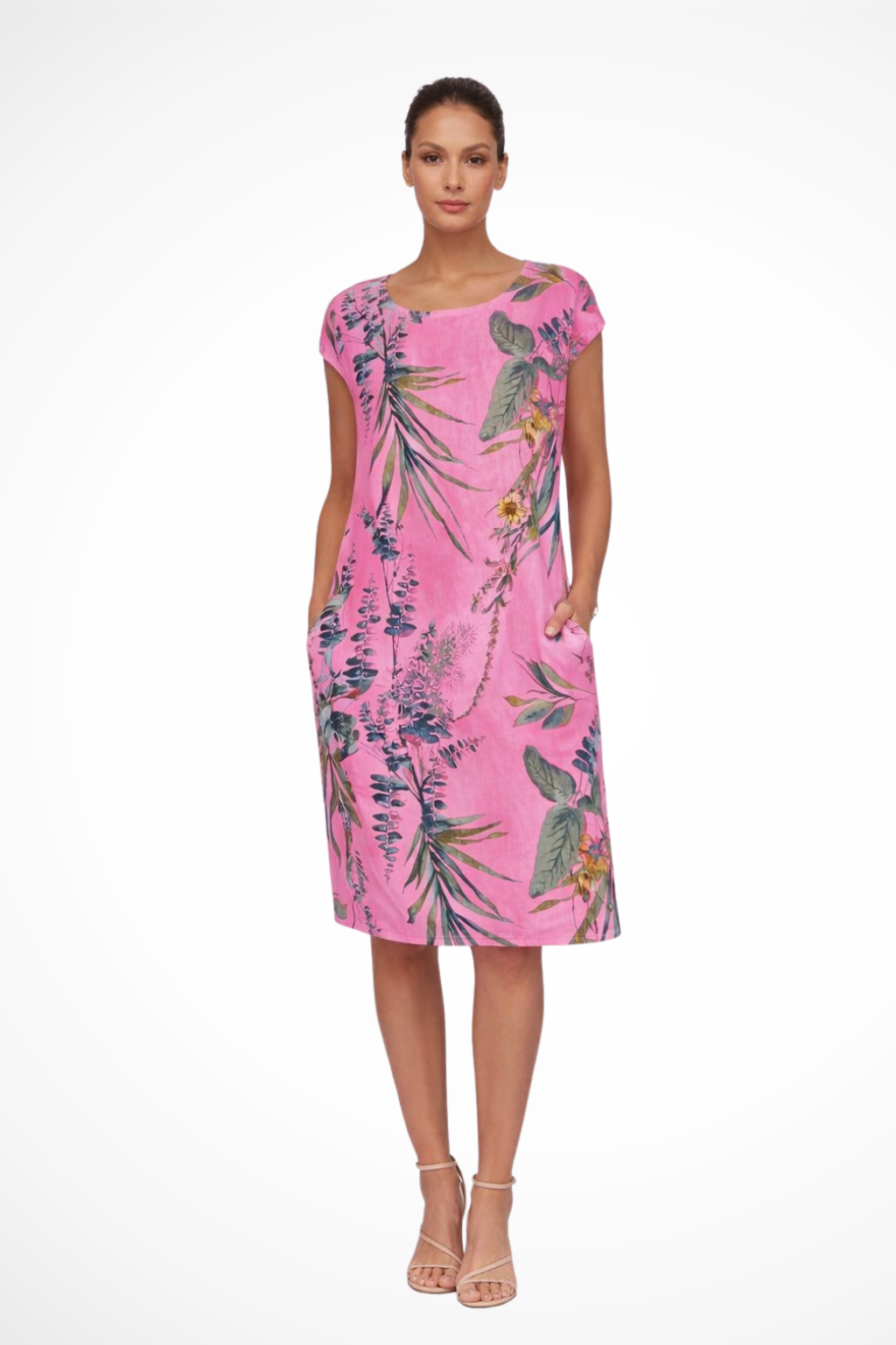 Damen Sommerkleid mit botanischem Print | Ärmelloses Freizeitkleid im Relaxed Fit mit praktischen Seitentaschen | Leichtes,