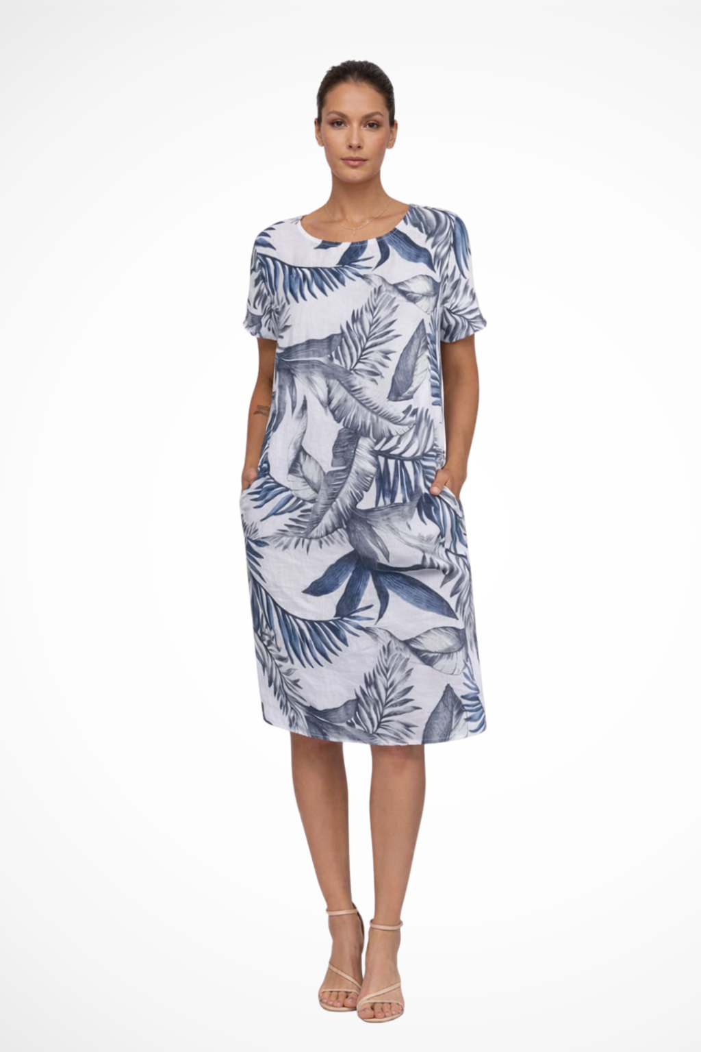 Damen Sommerkleid mit botanischem Print | Ärmelloses Freizeitkleid im Relaxed Fit mit praktischen Seitentaschen | Leichtes,