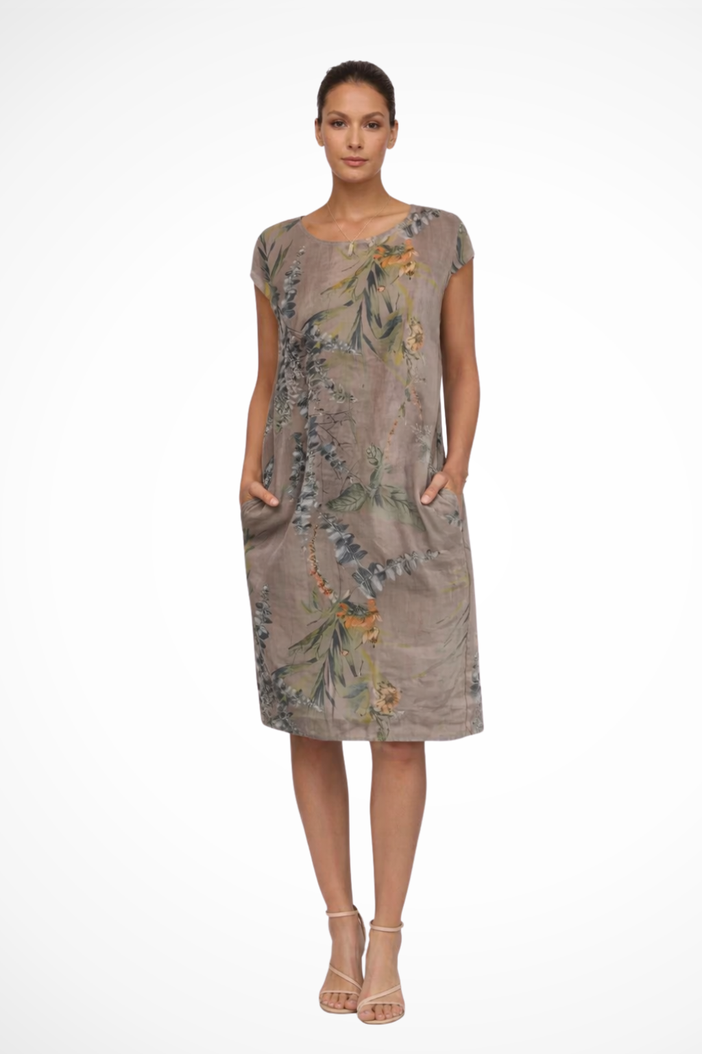 Damen Sommerkleid mit botanischem Print | Ärmelloses Freizeitkleid im Relaxed Fit mit praktischen Seitentaschen | Leichtes,