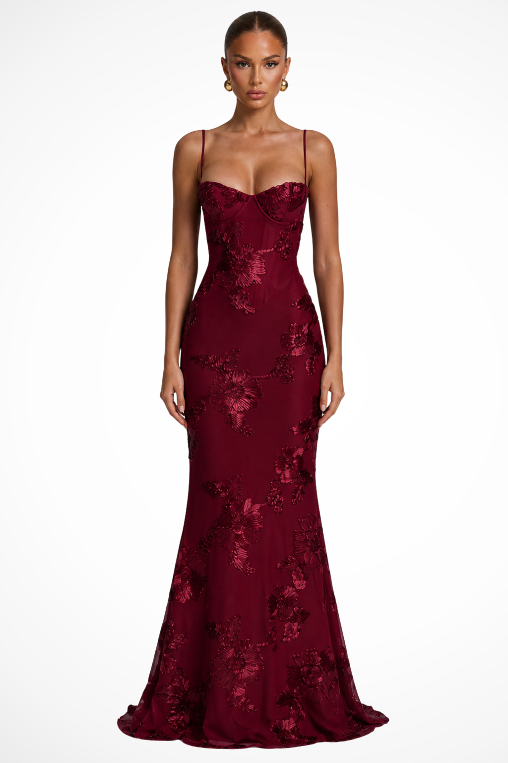 Damen Maxikleid für Hochzeitsgäste mit floraler Stickerei und Corsage, festliches langes Kleid mit schmalen Trägern