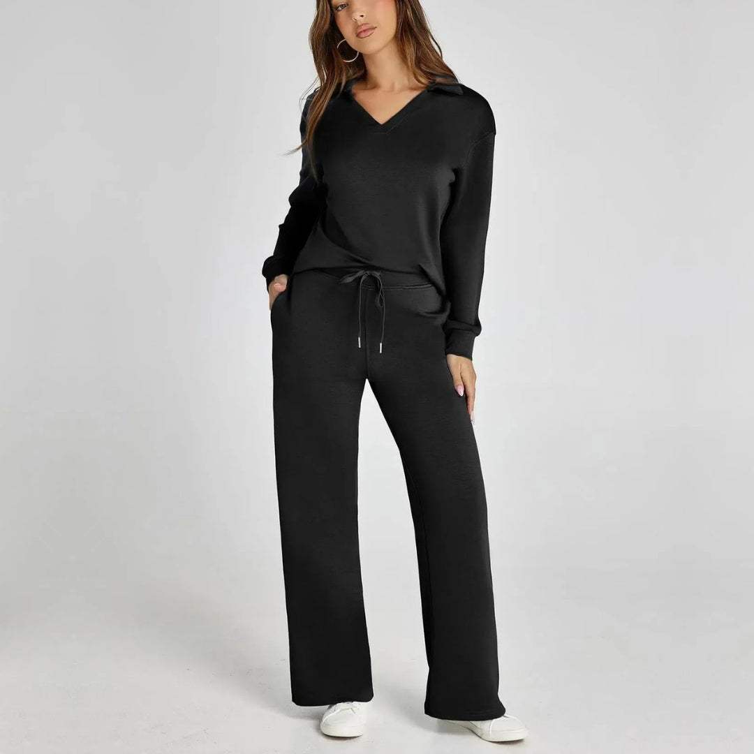Damen Loungewear Set mit V-Ausschnitt Pullover und Weit Geschnittener Hose | Bequemer Hausanzug für Alltag und Freizeit